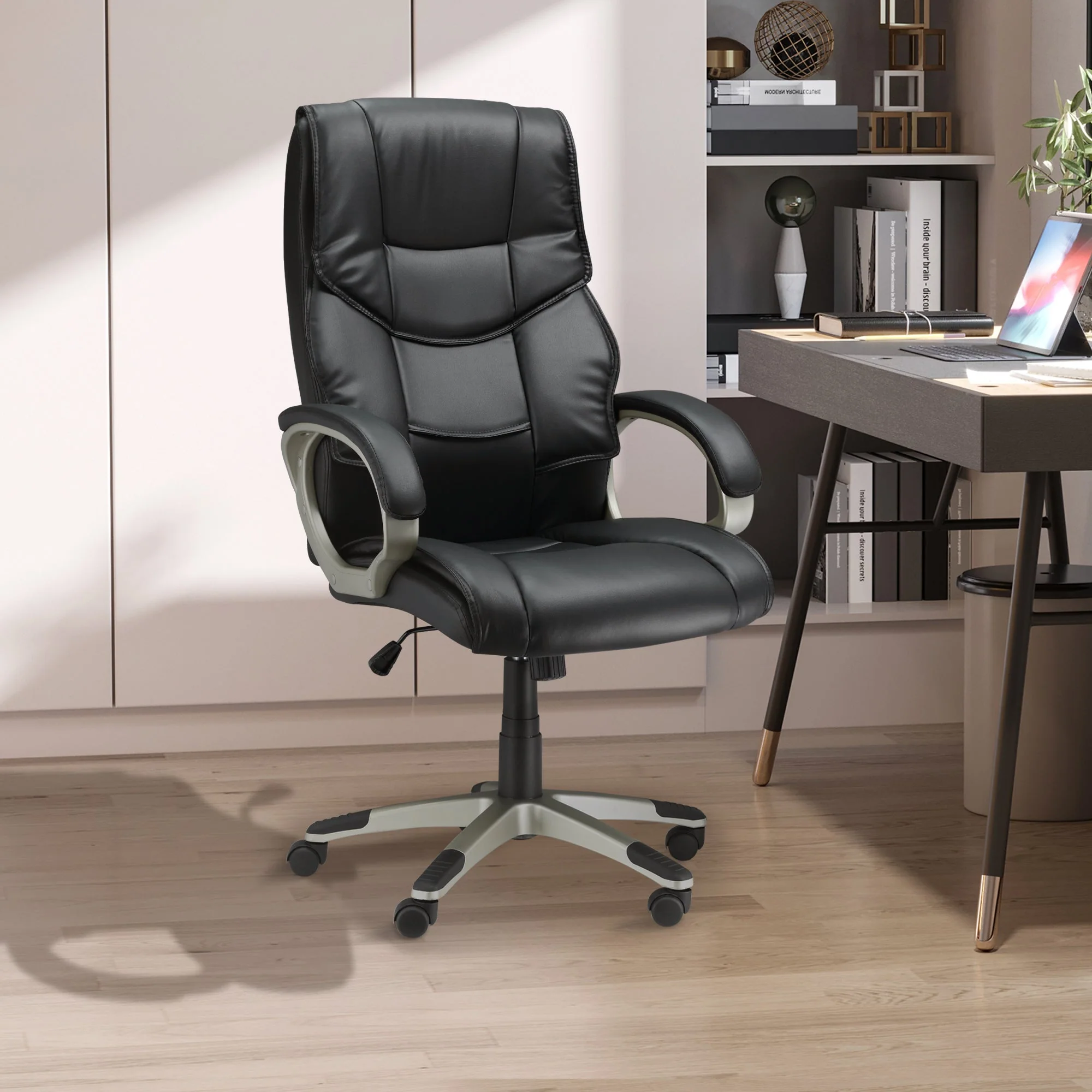Homcom Home Office Chair High Back Computer Desk Chair With Faux Leather Adjustable Height Rocking Function Black - Image 2