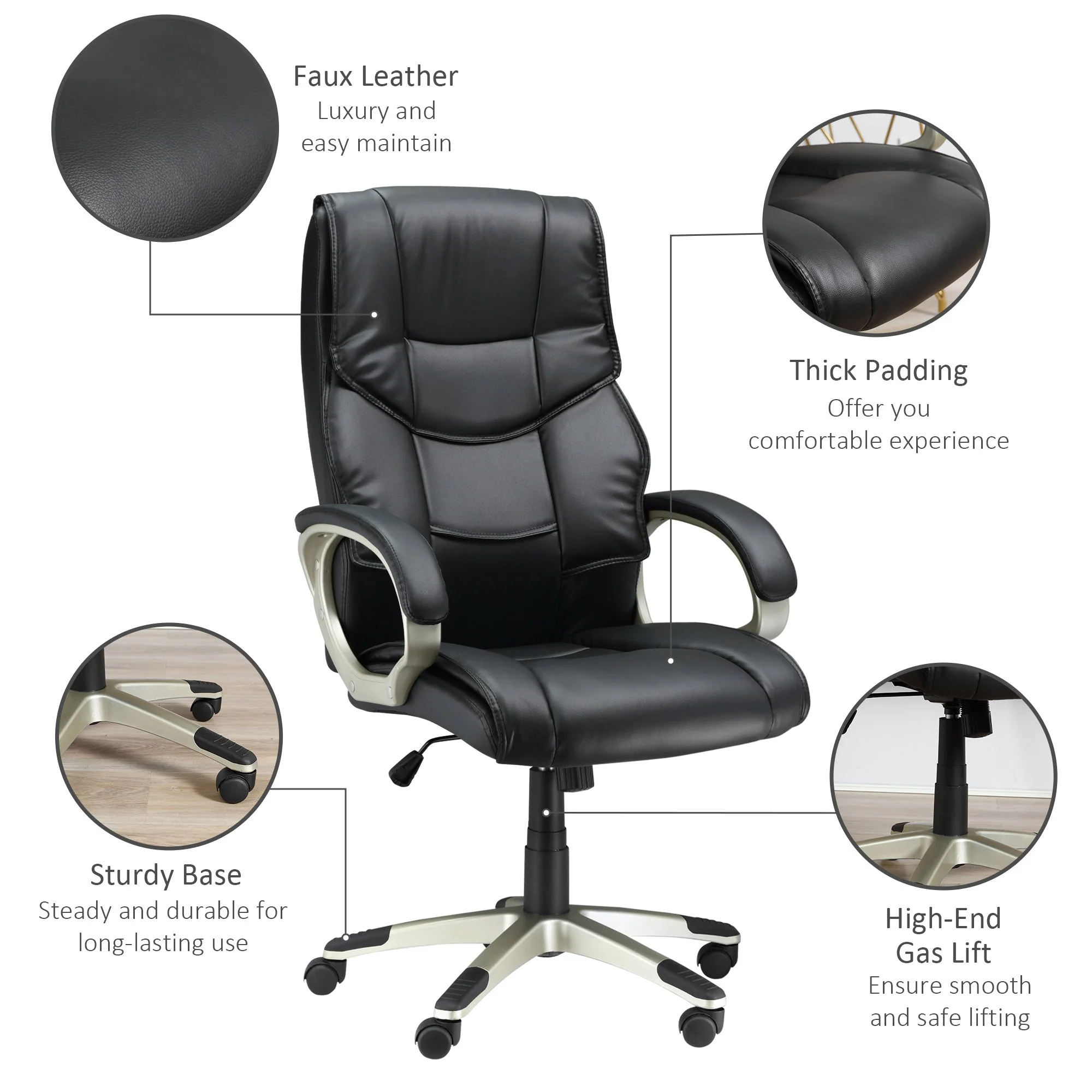 Homcom Home Office Chair High Back Computer Desk Chair With Faux Leather Adjustable Height Rocking Function Black - Image 7