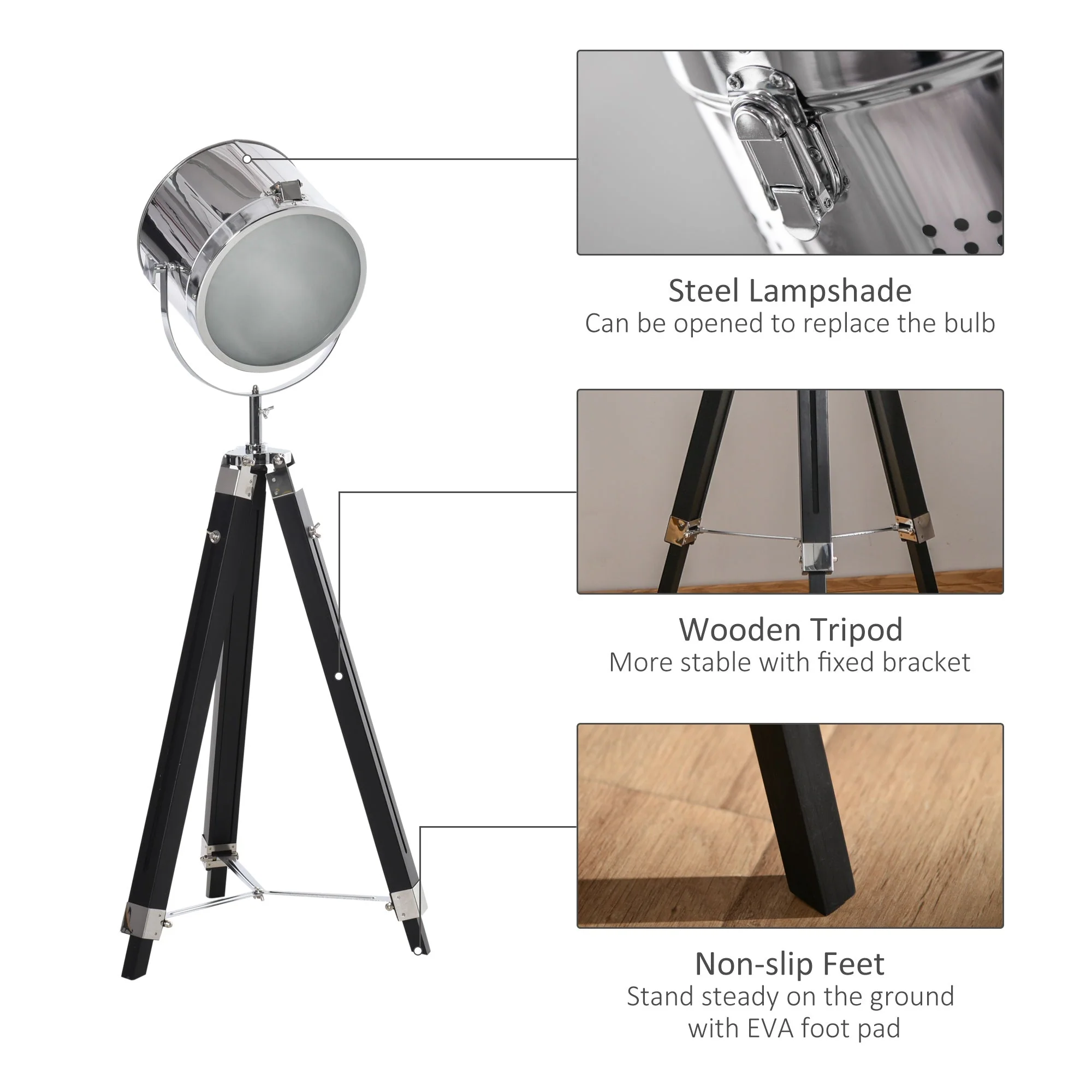 Homcom Industrial Style Adjustable Tripod Floor Lamp Searchlight Reading Lamp - Image 7