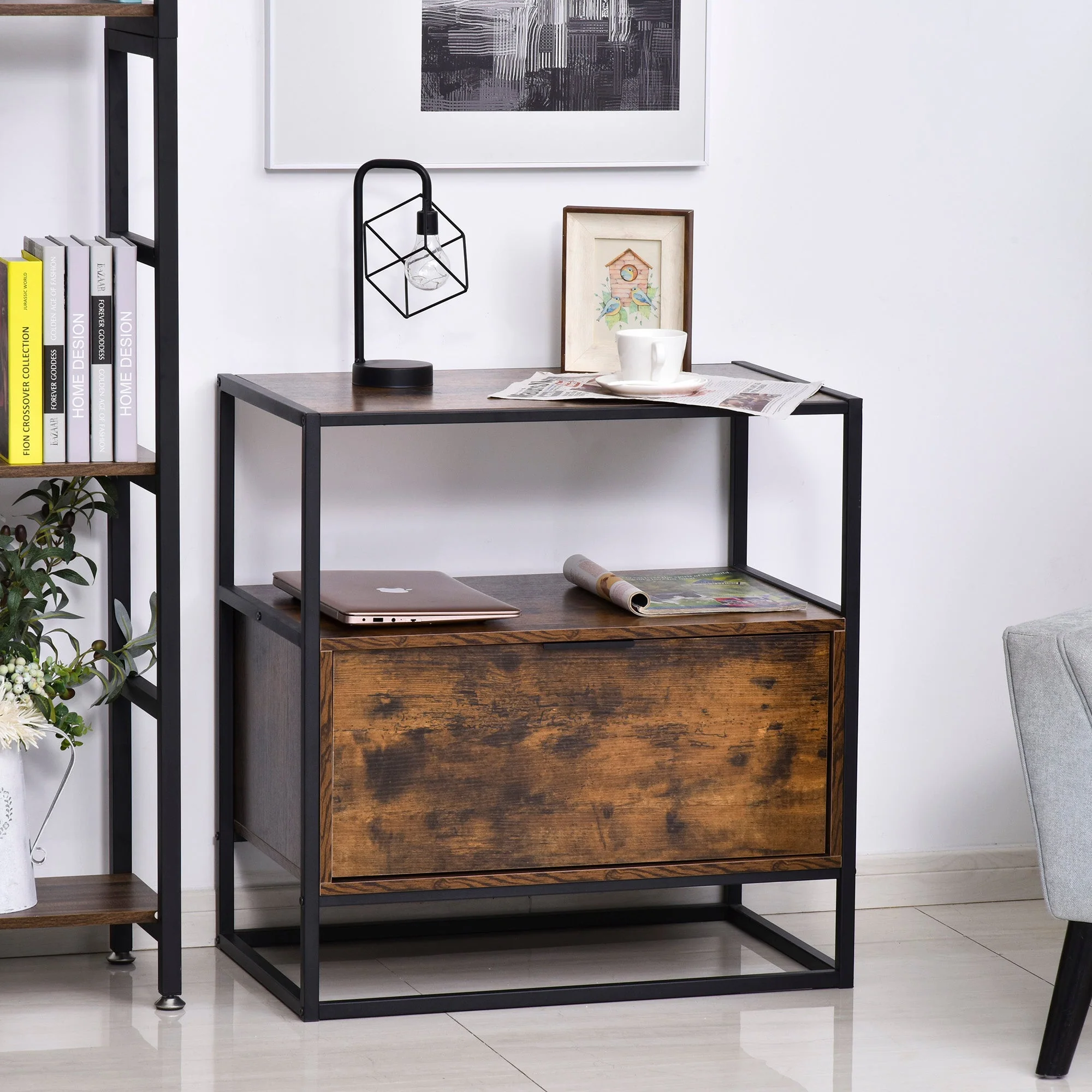 Homcom Industrial-Style Side Table W/ Drawer Open Shelf Steel Frame Large Base Two-Tone Retro Stylish Home Furniture Bedroom Living Room - Image 2