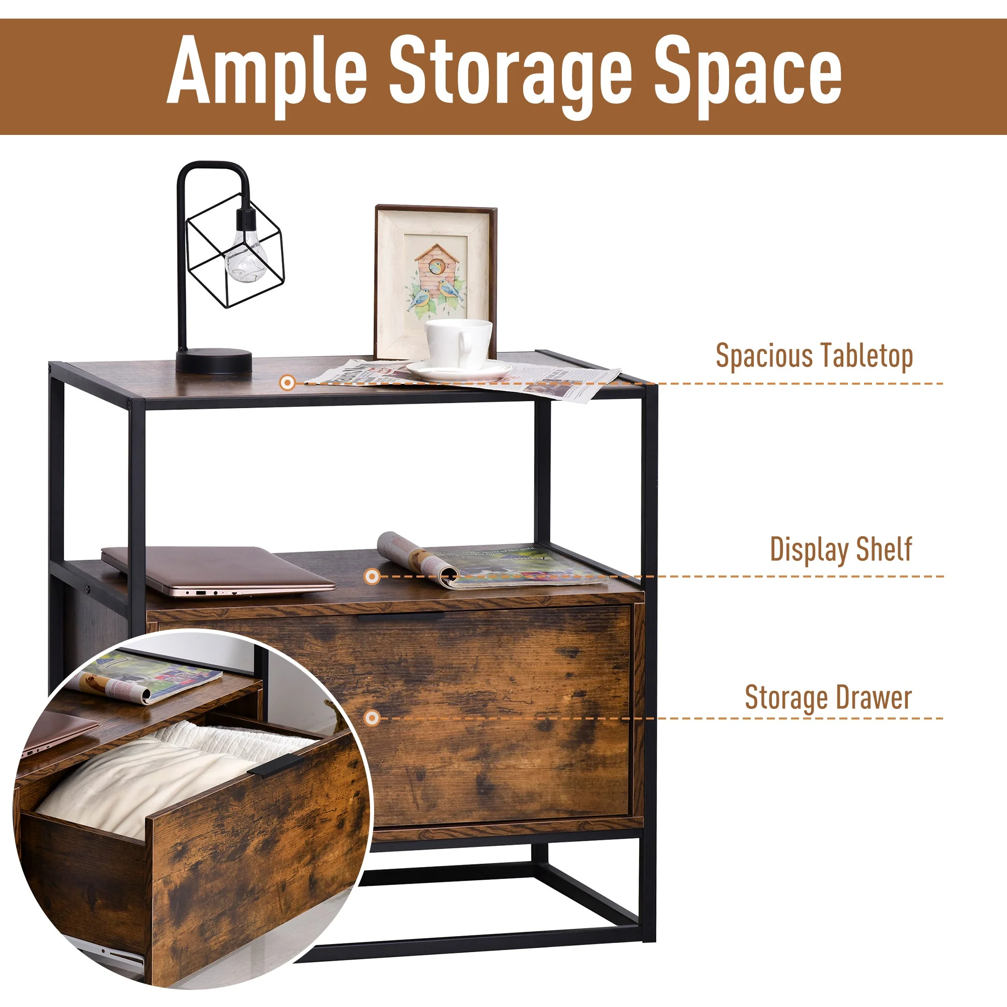 Homcom Industrial-Style Side Table W/ Drawer Open Shelf Steel Frame Large Base Two-Tone Retro Stylish Home Furniture Bedroom Living Room - Image 4