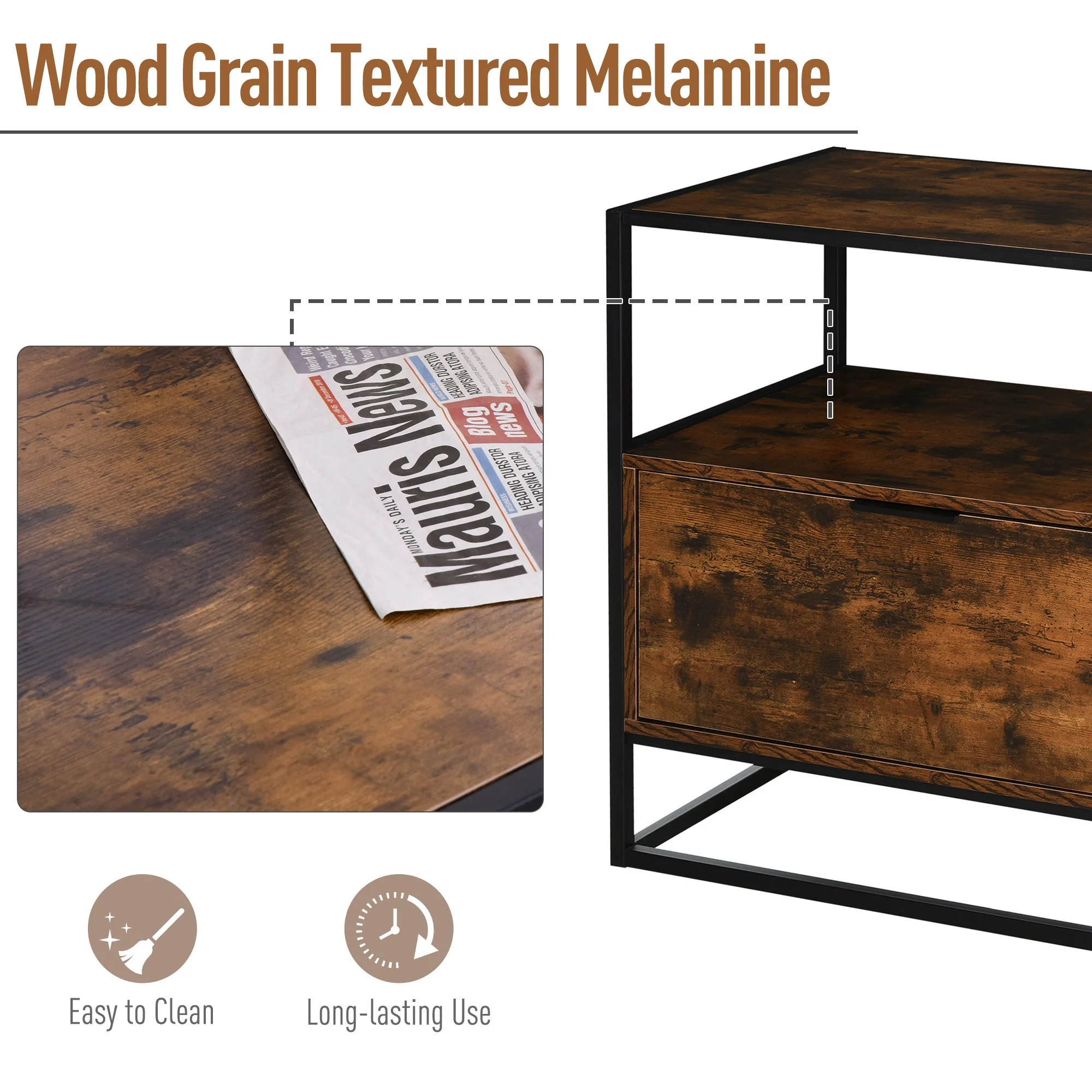 Homcom Industrial-Style Side Table W/ Drawer Open Shelf Steel Frame Large Base Two-Tone Retro Stylish Home Furniture Bedroom Living Room - Image 5
