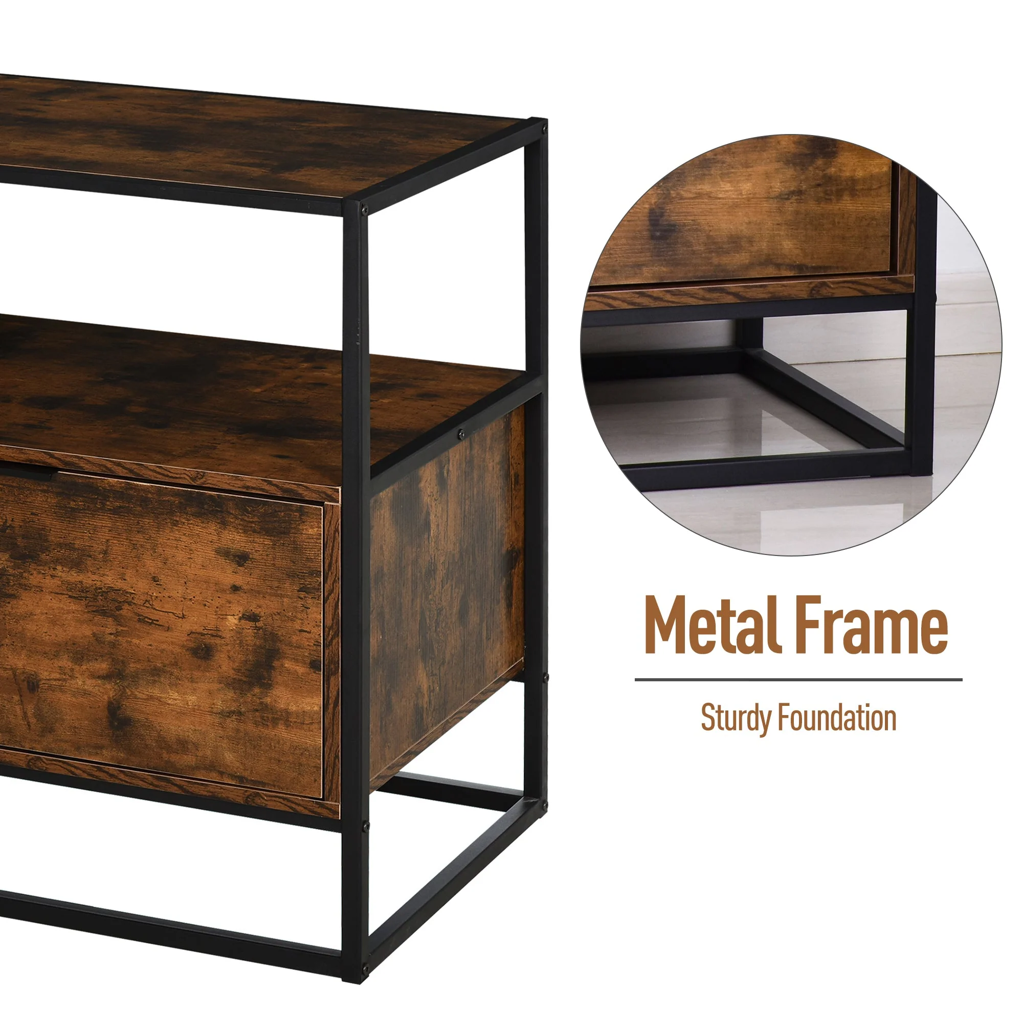 Homcom Industrial-Style Side Table W/ Drawer Open Shelf Steel Frame Large Base Two-Tone Retro Stylish Home Furniture Bedroom Living Room - Image 6