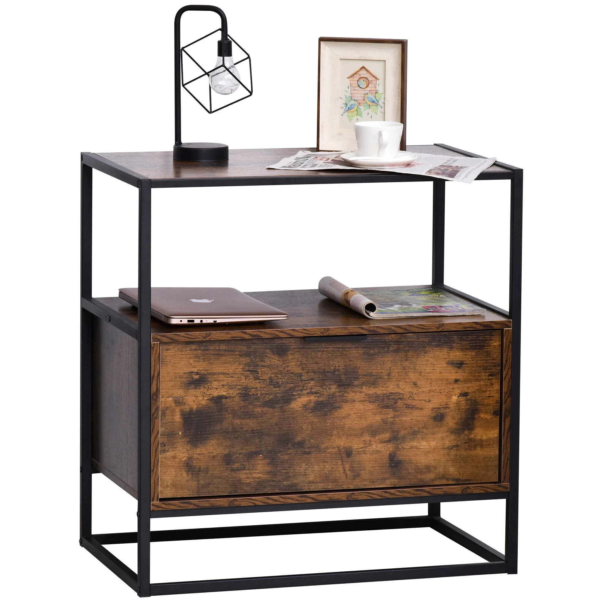 Homcom Industrial-Style Side Table W/ Drawer Open Shelf Steel Frame Large Base Two-Tone Retro Stylish Home Furniture Bedroom Living Room - Image 9
