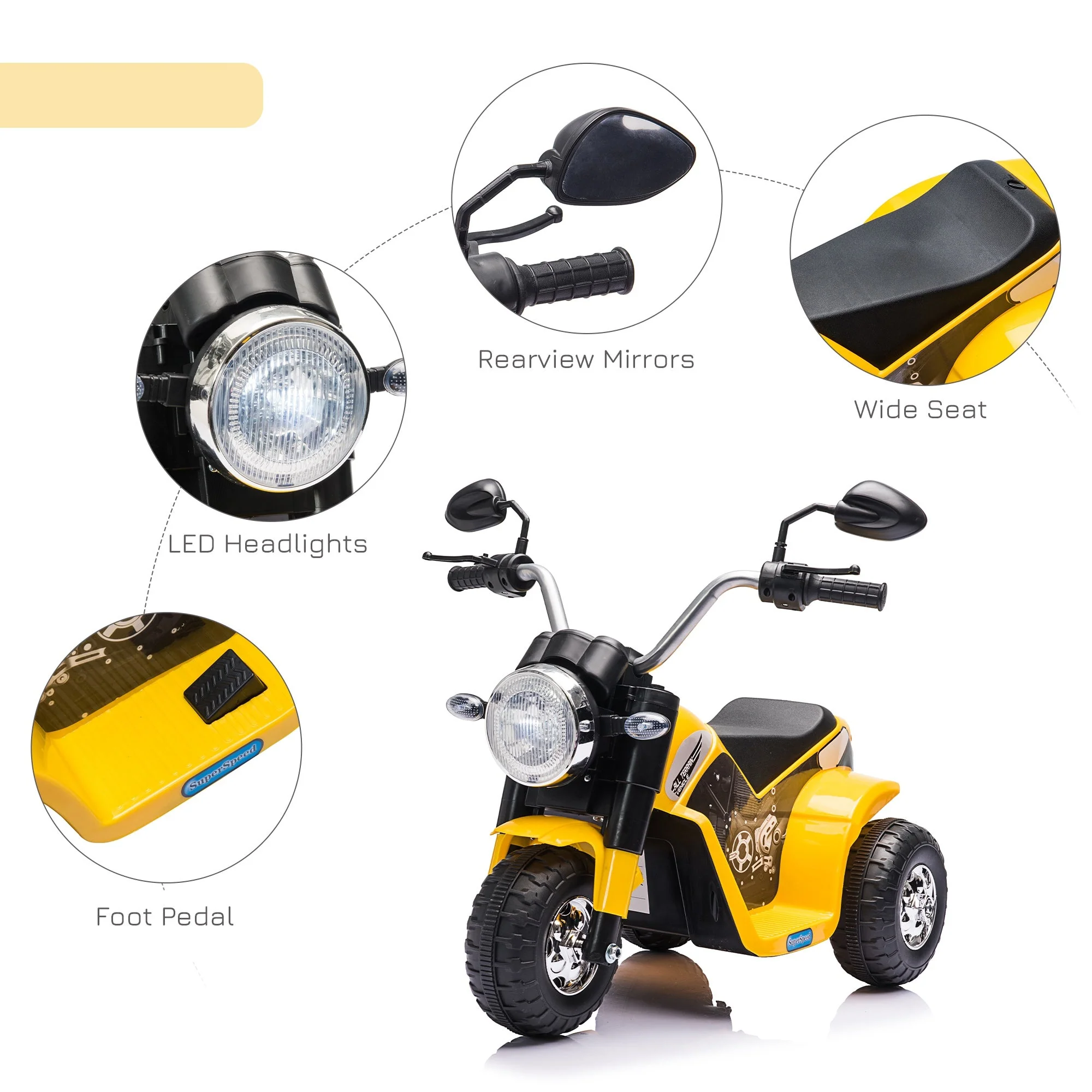 Homcom Kids 6V Electric Motorcycle Ride-On Toy Battery 18 - 36 Months Yellow - Image 4