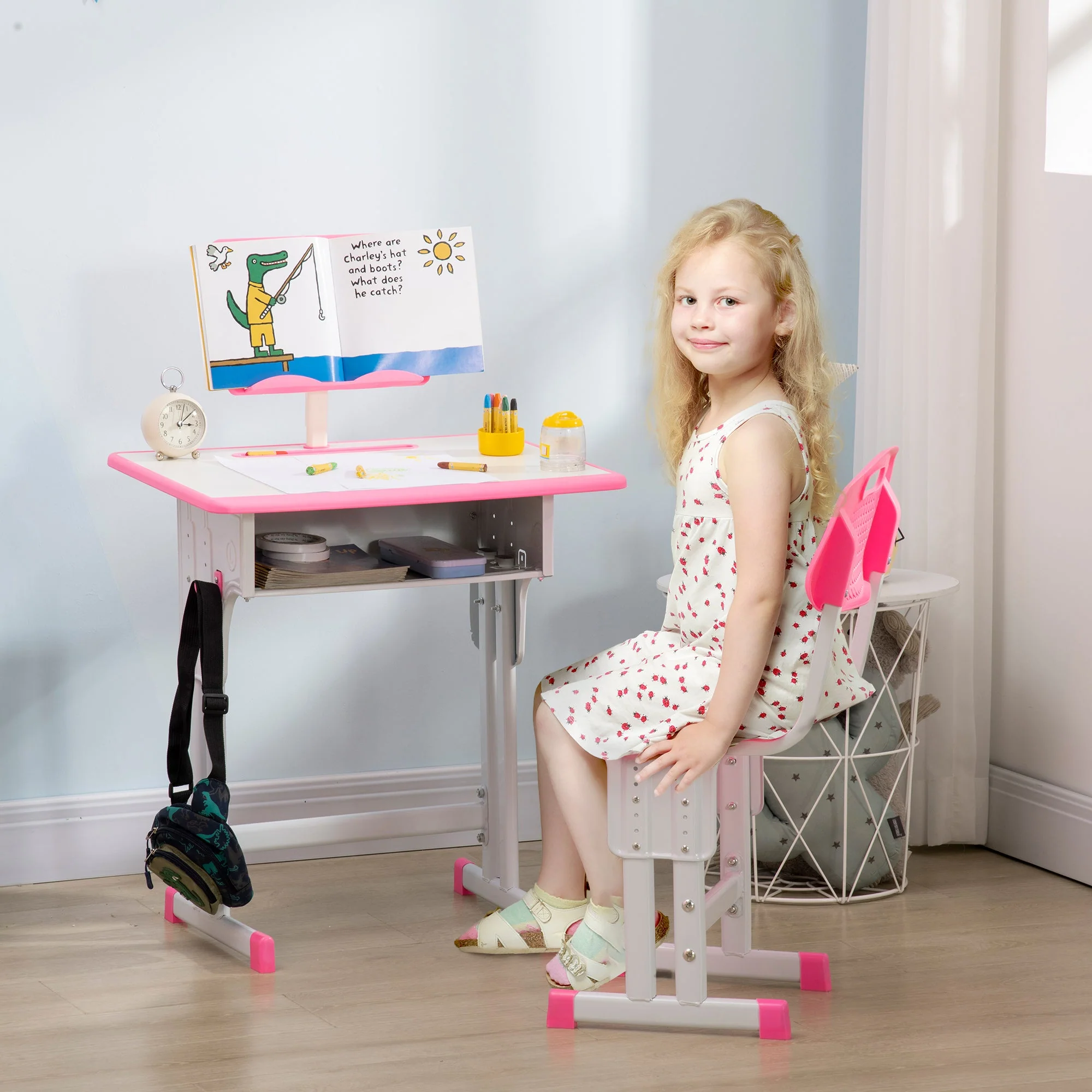 Homcom Kids Adjustable Desk And Chair Set Book Stand Pen Slot - Pink - Image 2