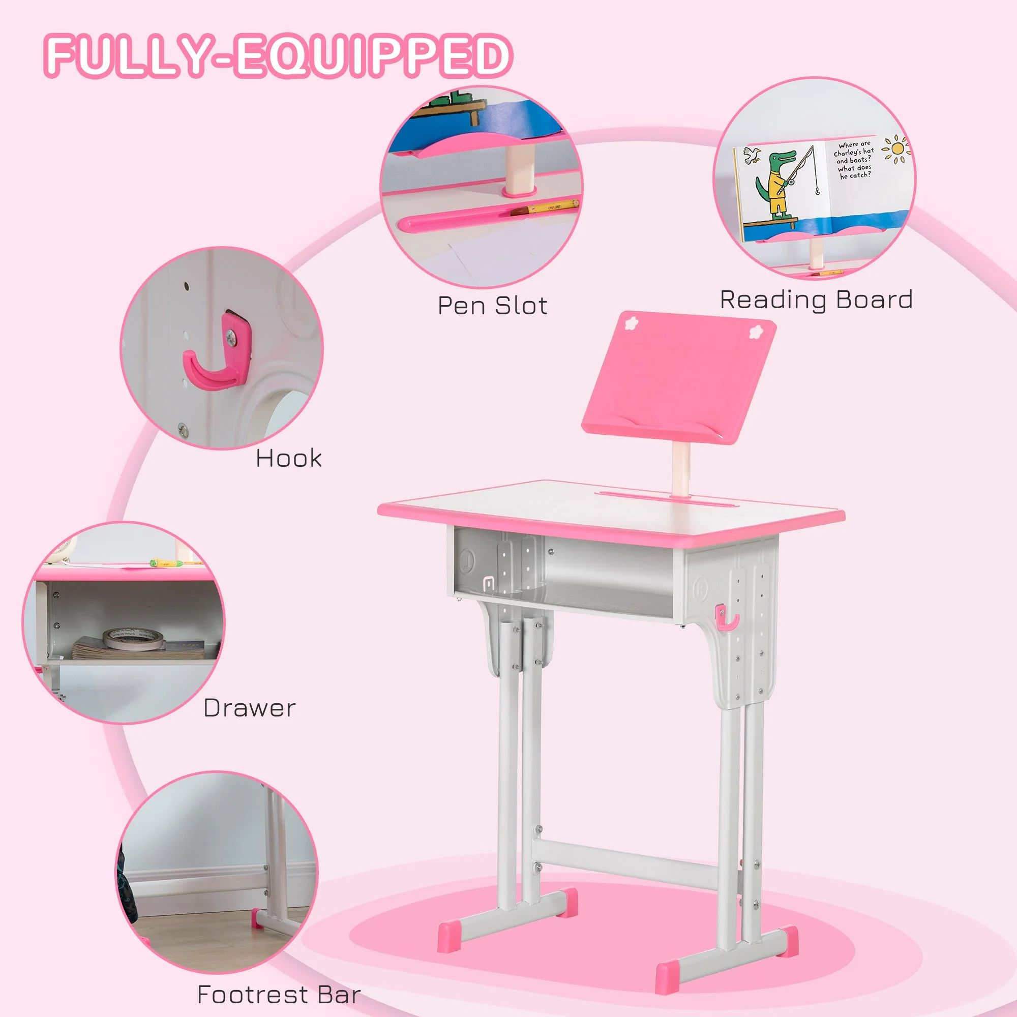 Homcom Kids Adjustable Desk And Chair Set Book Stand Pen Slot - Pink - Image 5