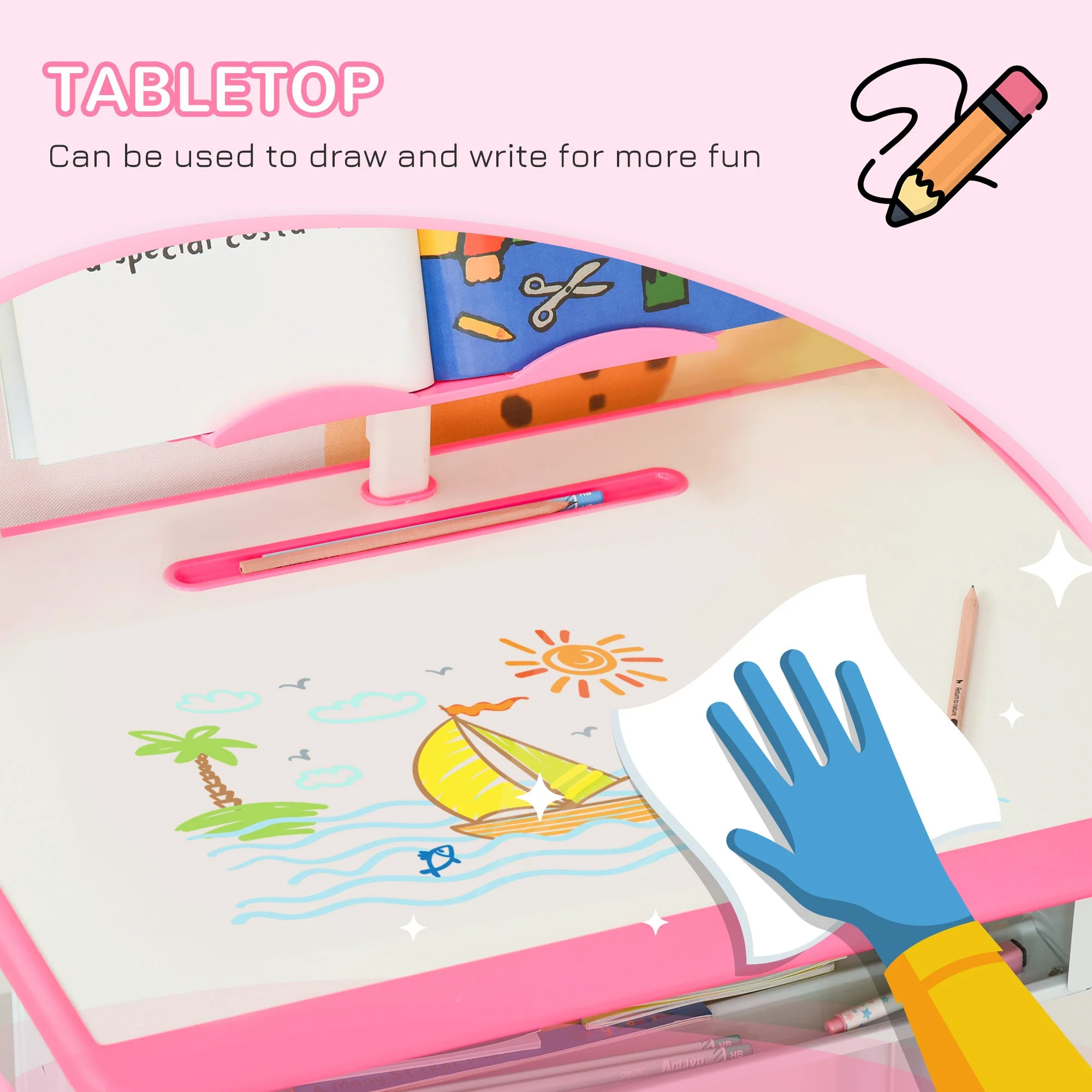Homcom Kids Adjustable Desk And Chair Set Book Stand Pen Slot - Pink - Image 7