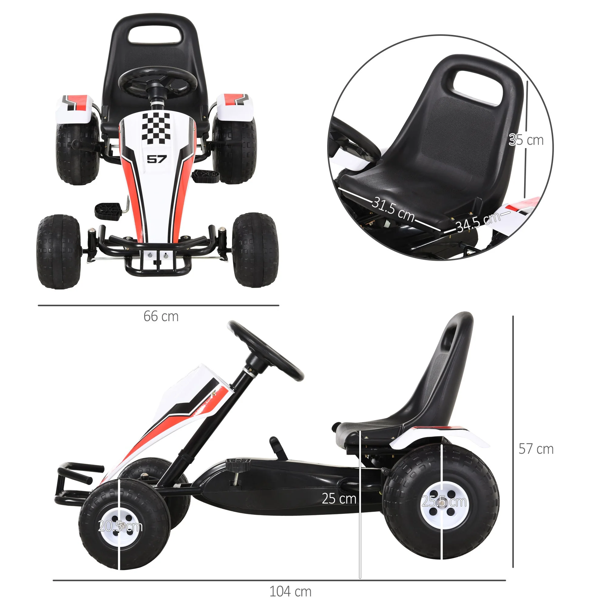 Homcom Kids Adjustable Seat PP Pedal Go-Kart White/Red - Image 2