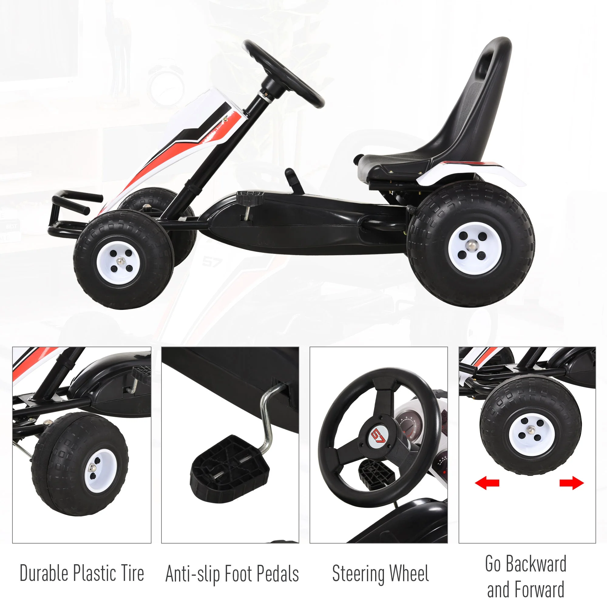 Homcom Kids Adjustable Seat PP Pedal Go-Kart White/Red - Image 4