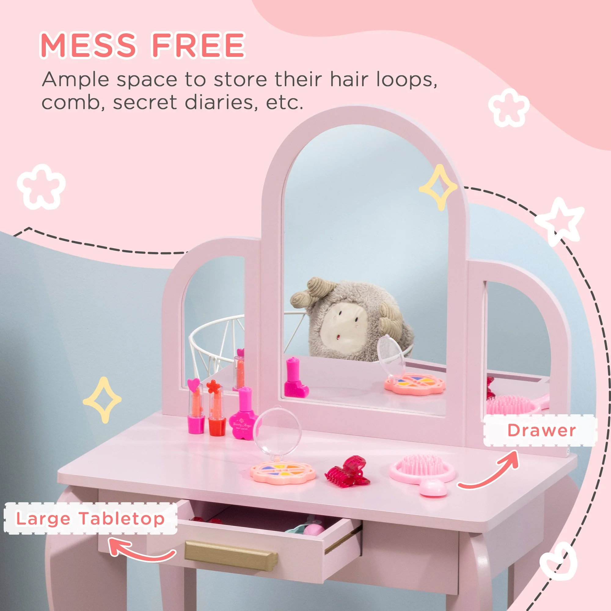 Homcom Kids Dressing Table Set With Mirror And Drawer - Pink - Image 5