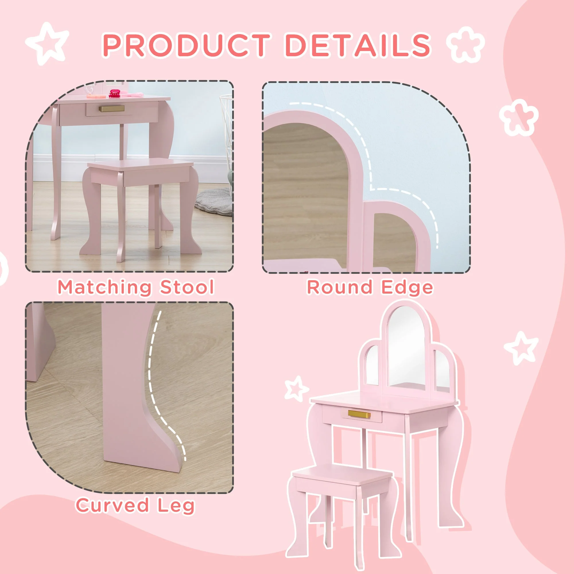 Homcom Kids Dressing Table Set With Mirror And Drawer - Pink - Image 6