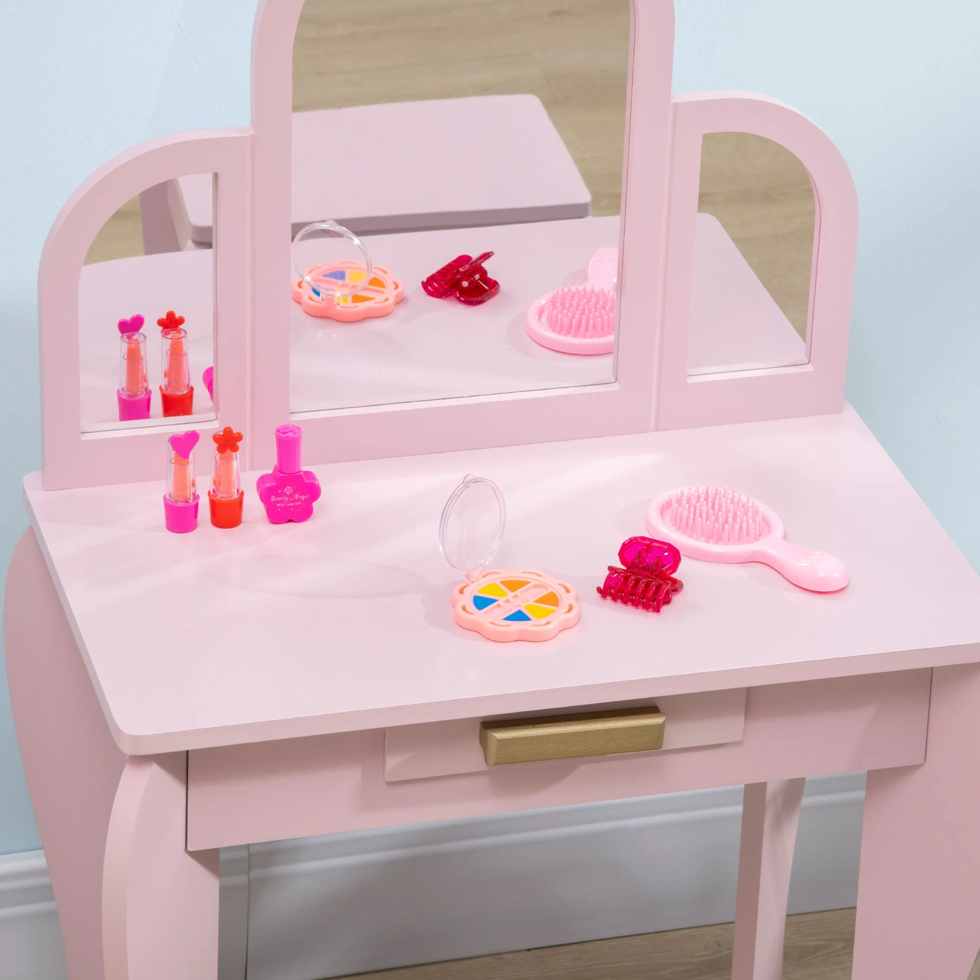 Homcom Kids Dressing Table Set With Mirror And Drawer - Pink - Image 8