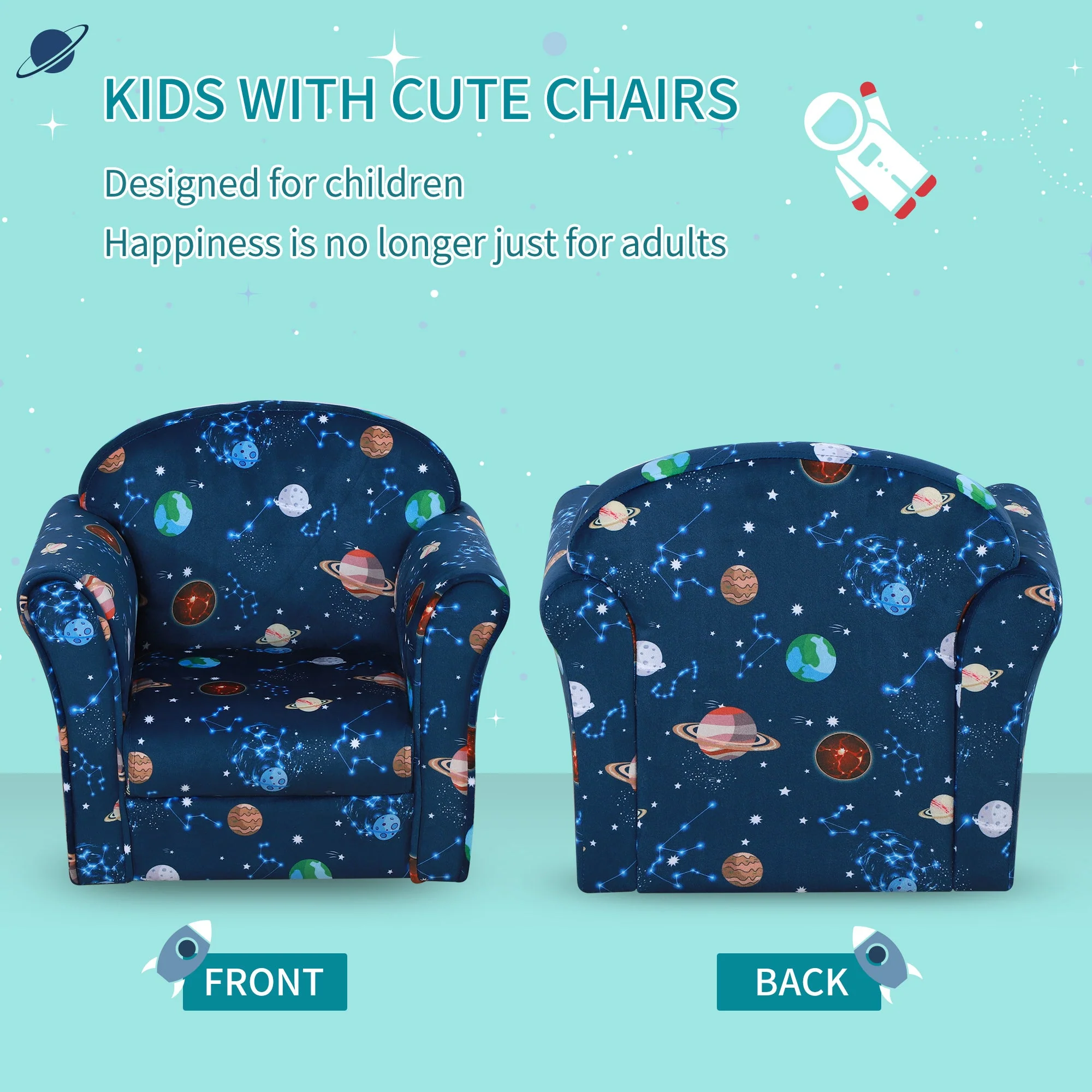 Homcom Kids Planet-Themed Armchair With Non-Slip Feet Wooden Frame - Blue - Image 4