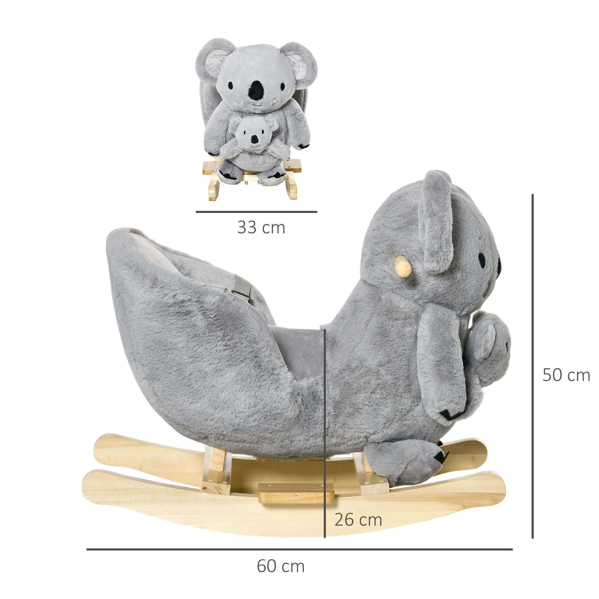 Homcom Kids Plush Ride-On Rocking Horse Koala-Shaped Toy Rocker With Gloved Doll Grey - Image 2