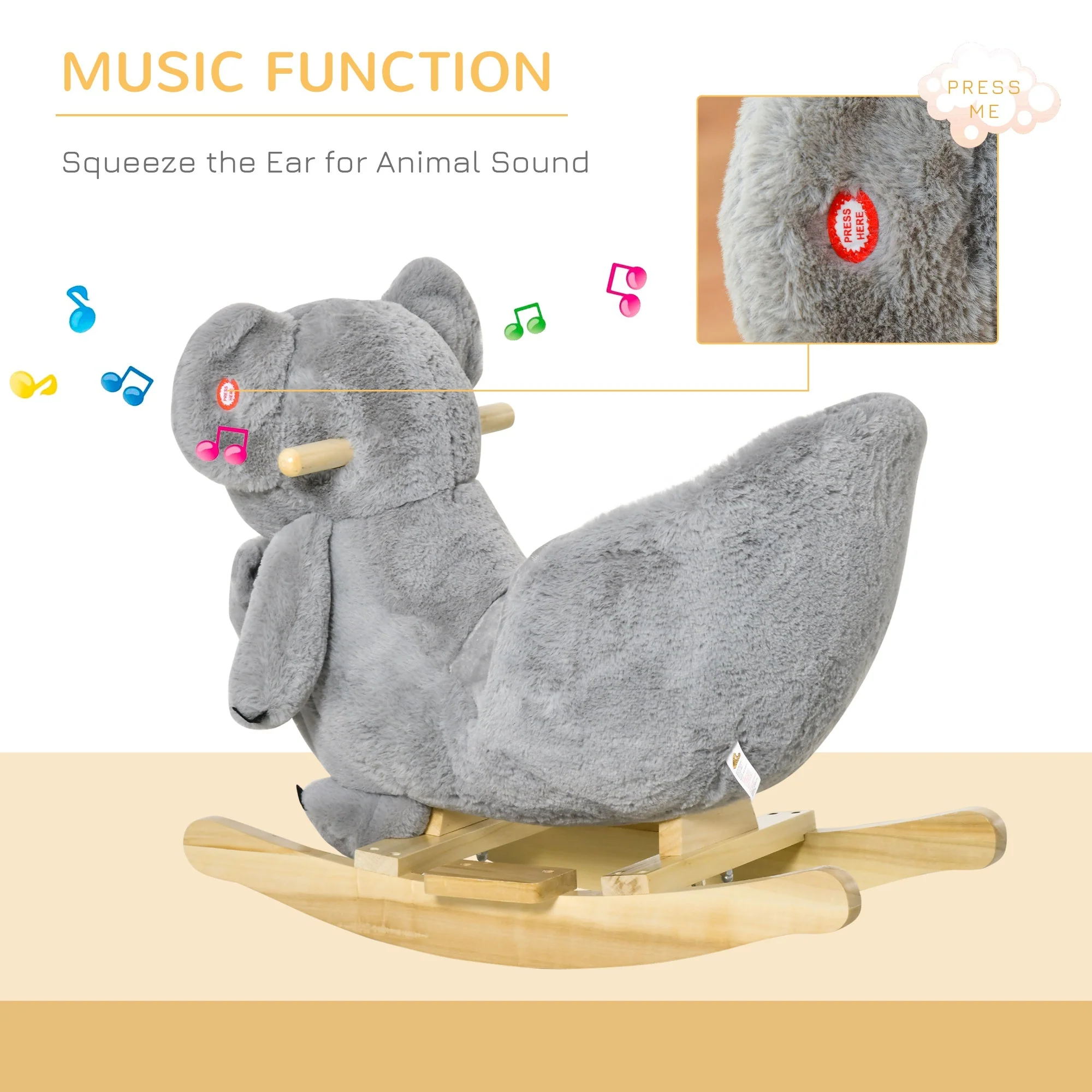 Homcom Kids Plush Ride-On Rocking Horse Koala-Shaped Toy Rocker With Gloved Doll Grey - Image 4