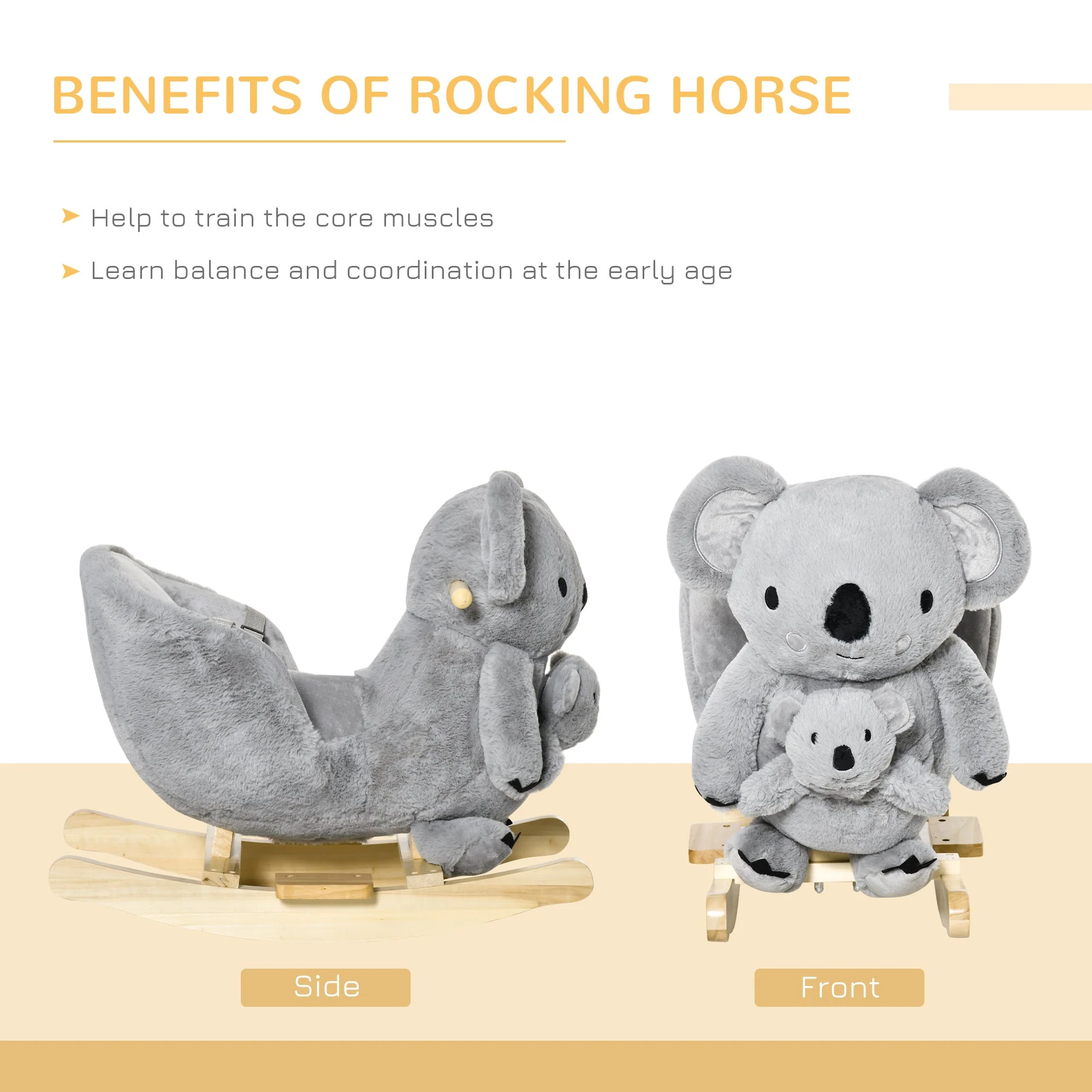 Homcom Kids Plush Ride-On Rocking Horse Koala-Shaped Toy Rocker With Gloved Doll Grey - Image 5