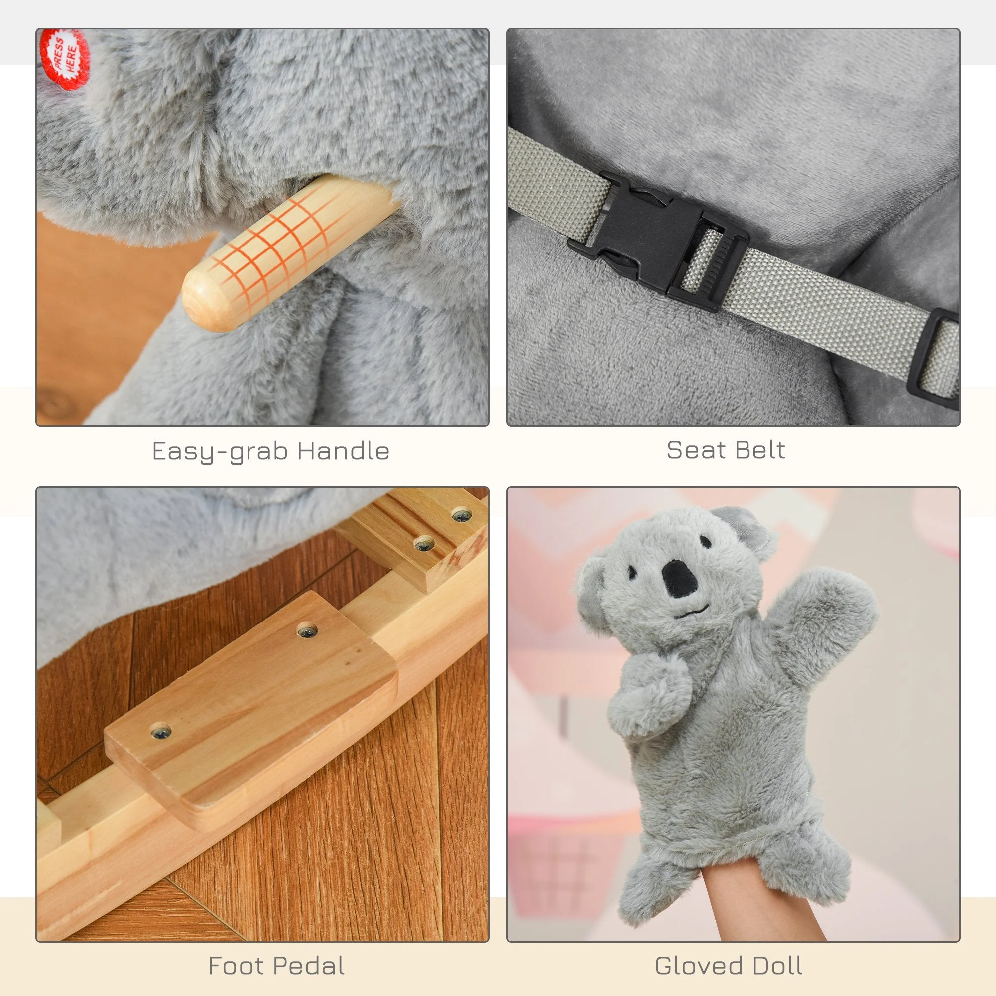 Homcom Kids Plush Ride-On Rocking Horse Koala-Shaped Toy Rocker With Gloved Doll Grey - Image 6