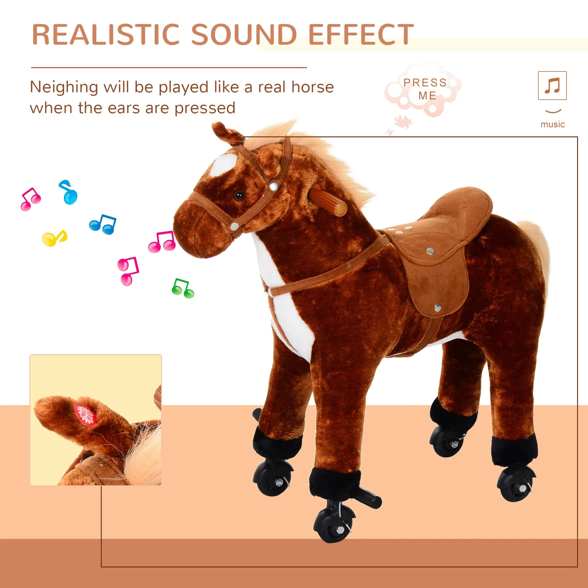 Homcom Kids Plush Ride On Walking Horse Withsound-Brown - Image 4