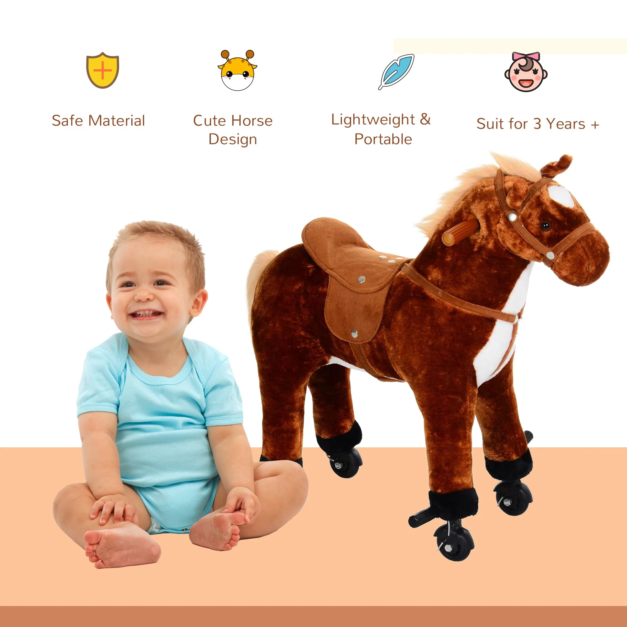 Homcom Kids Plush Ride On Walking Horse Withsound-Brown - Image 5