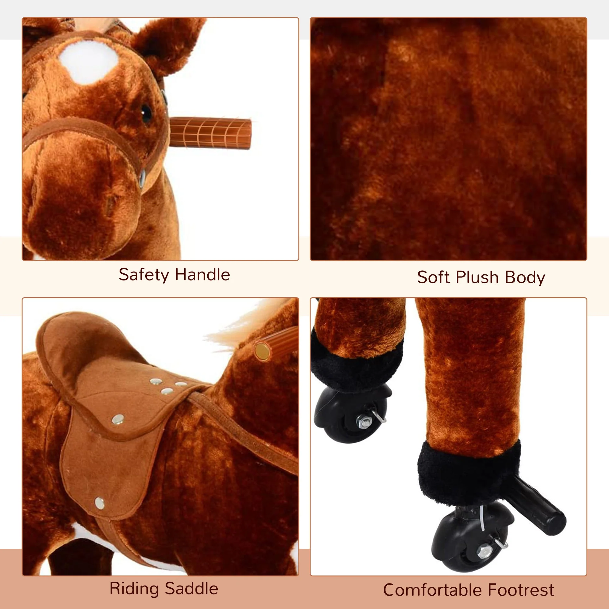 Homcom Kids Plush Ride On Walking Horse Withsound-Brown - Image 6