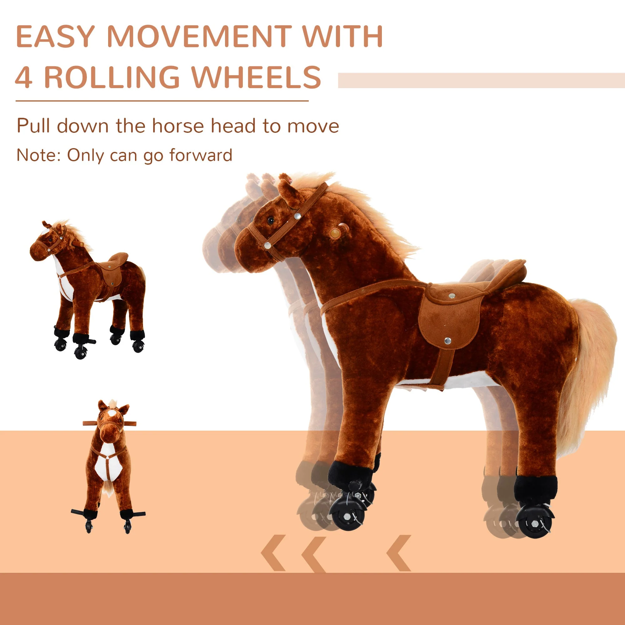 Homcom Kids Plush Ride On Walking Horse Withsound-Brown - Image 7