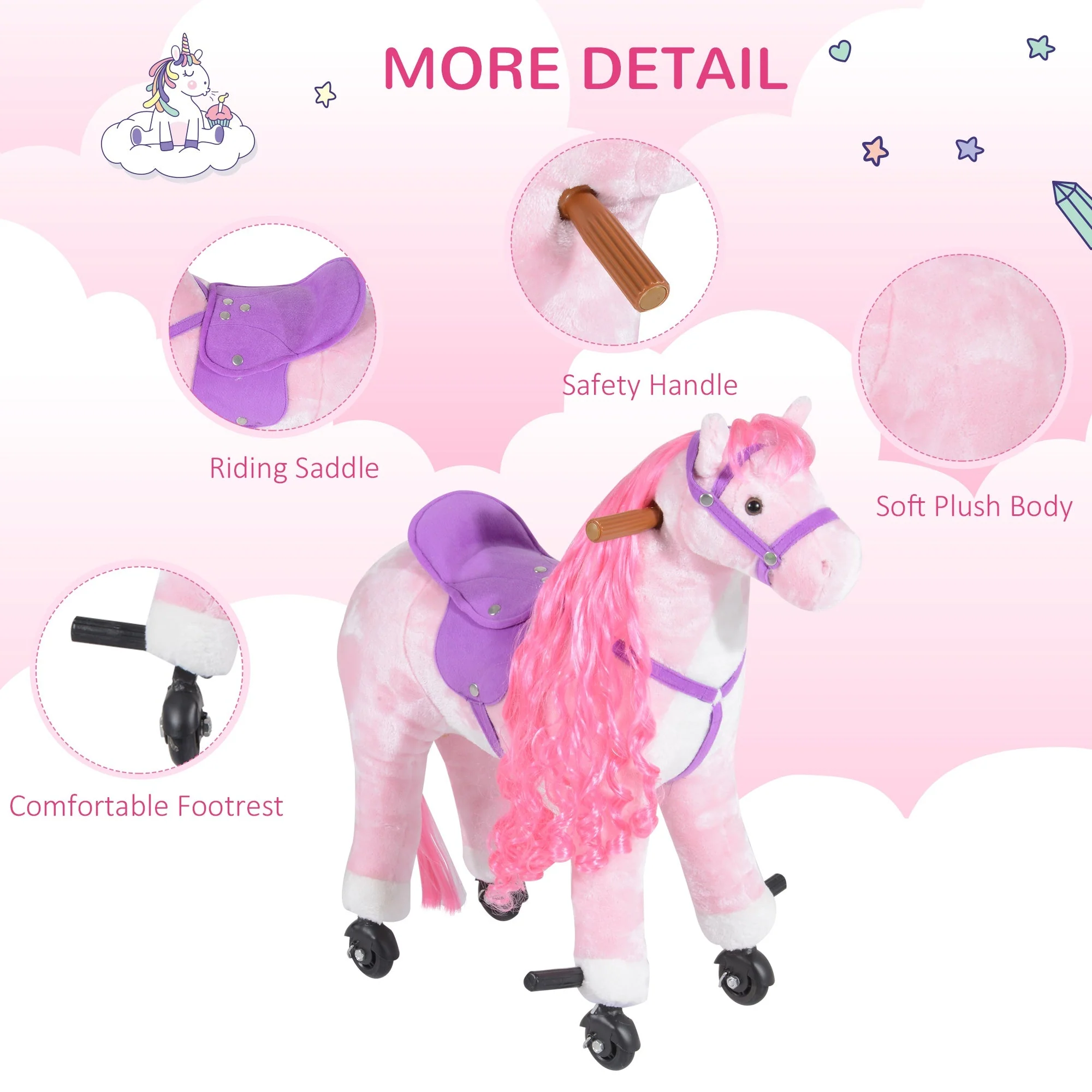 Homcom Kids Plush Ride On Walking Horse Withsound-Pink - Image 4