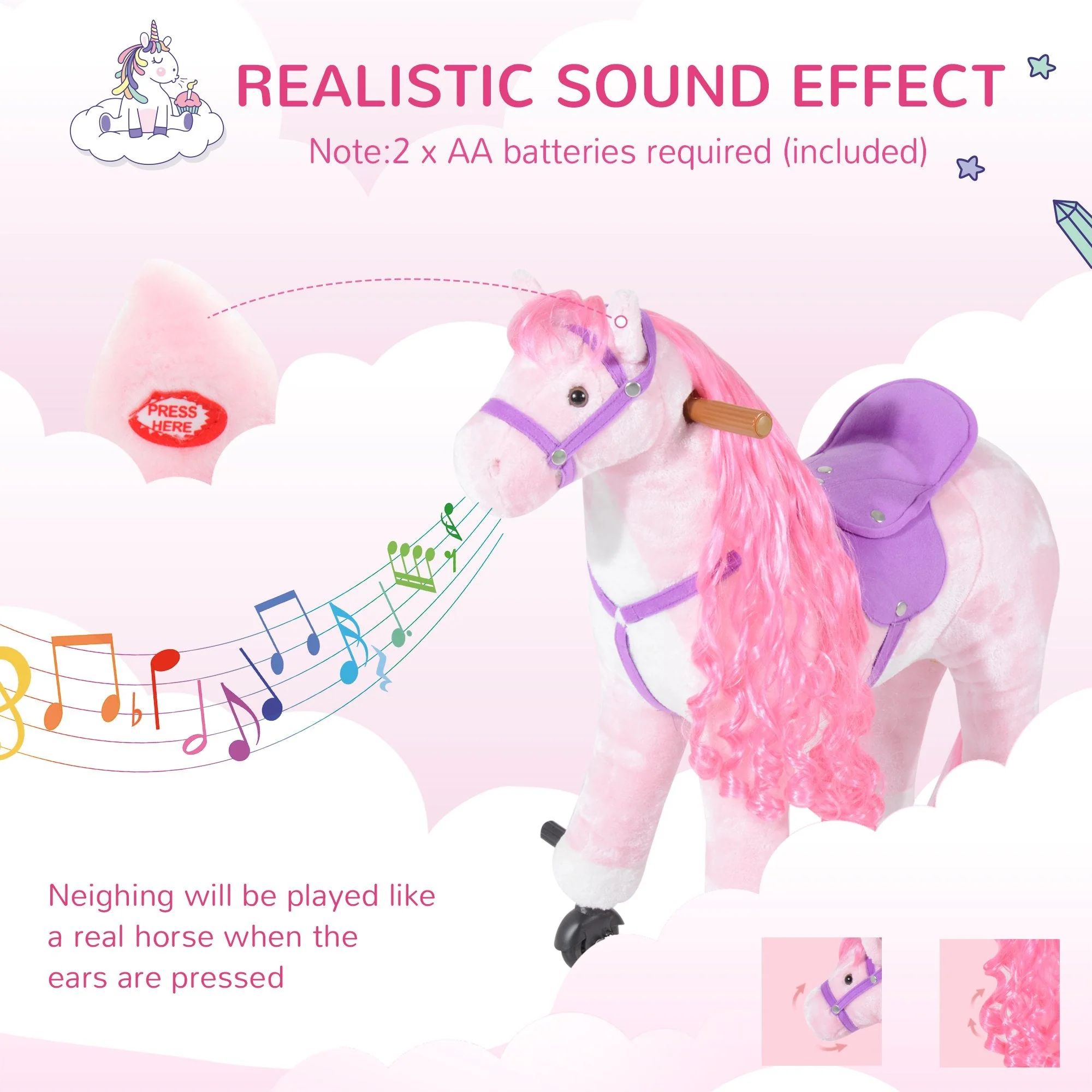 Homcom Kids Plush Ride On Walking Horse Withsound-Pink - Image 6
