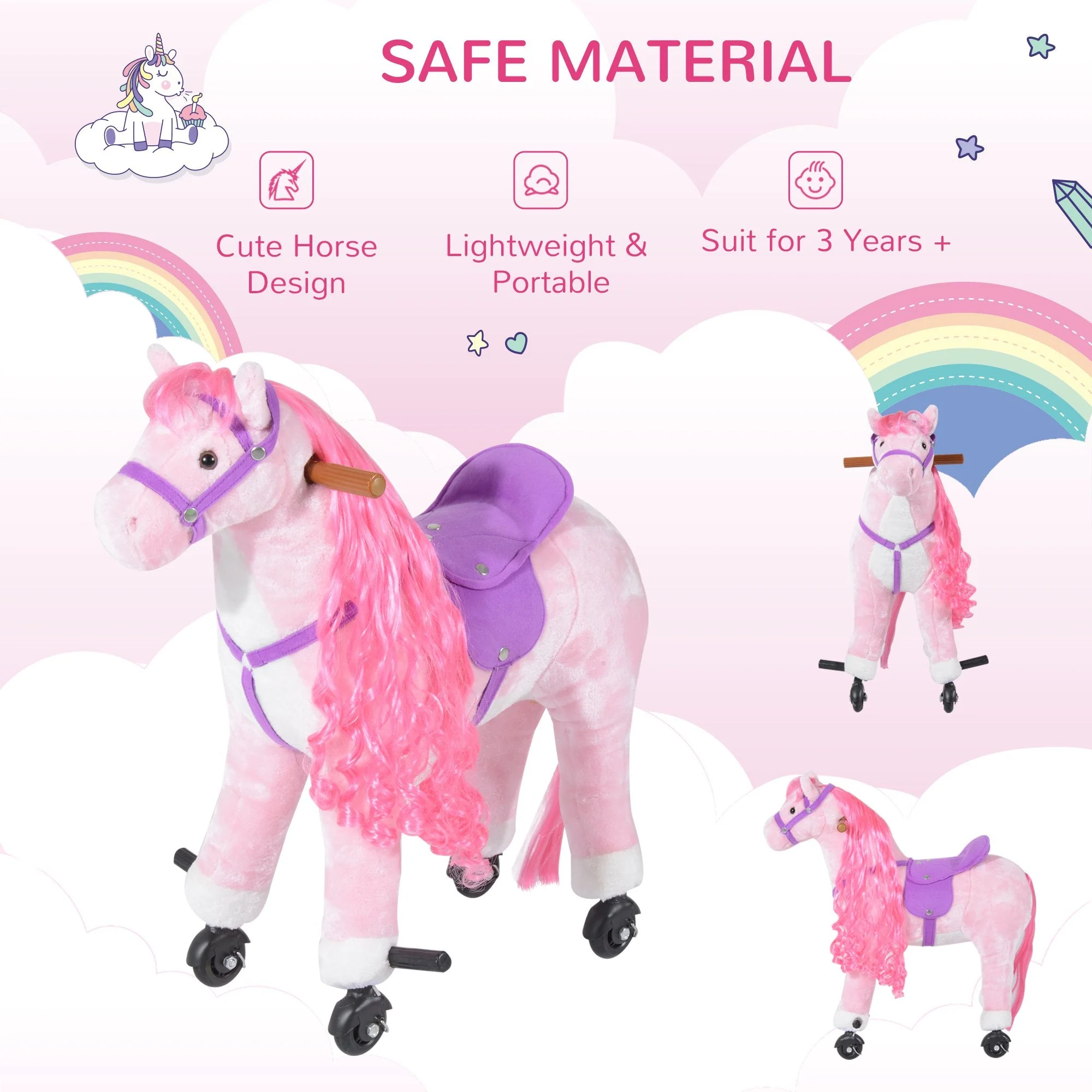 Homcom Kids Plush Ride On Walking Horse Withsound-Pink - Image 7