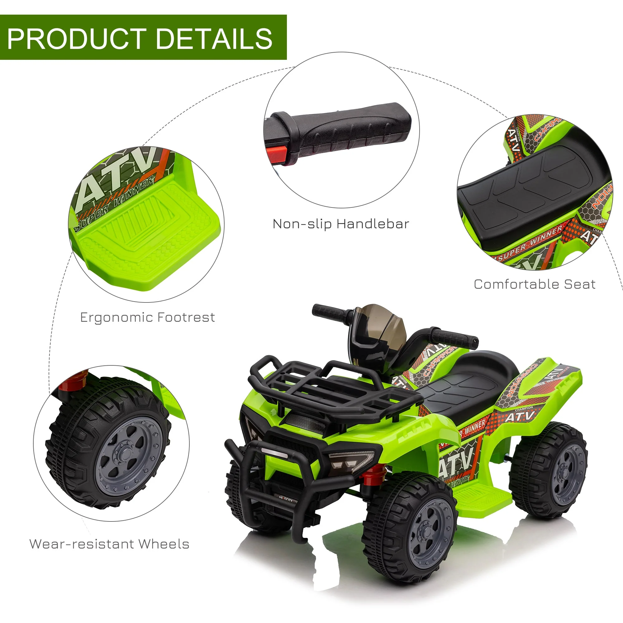 Homcom Kids Ride-on Four Wheeler ATV Car with Real Working Headlights for 18-36M - Image 4