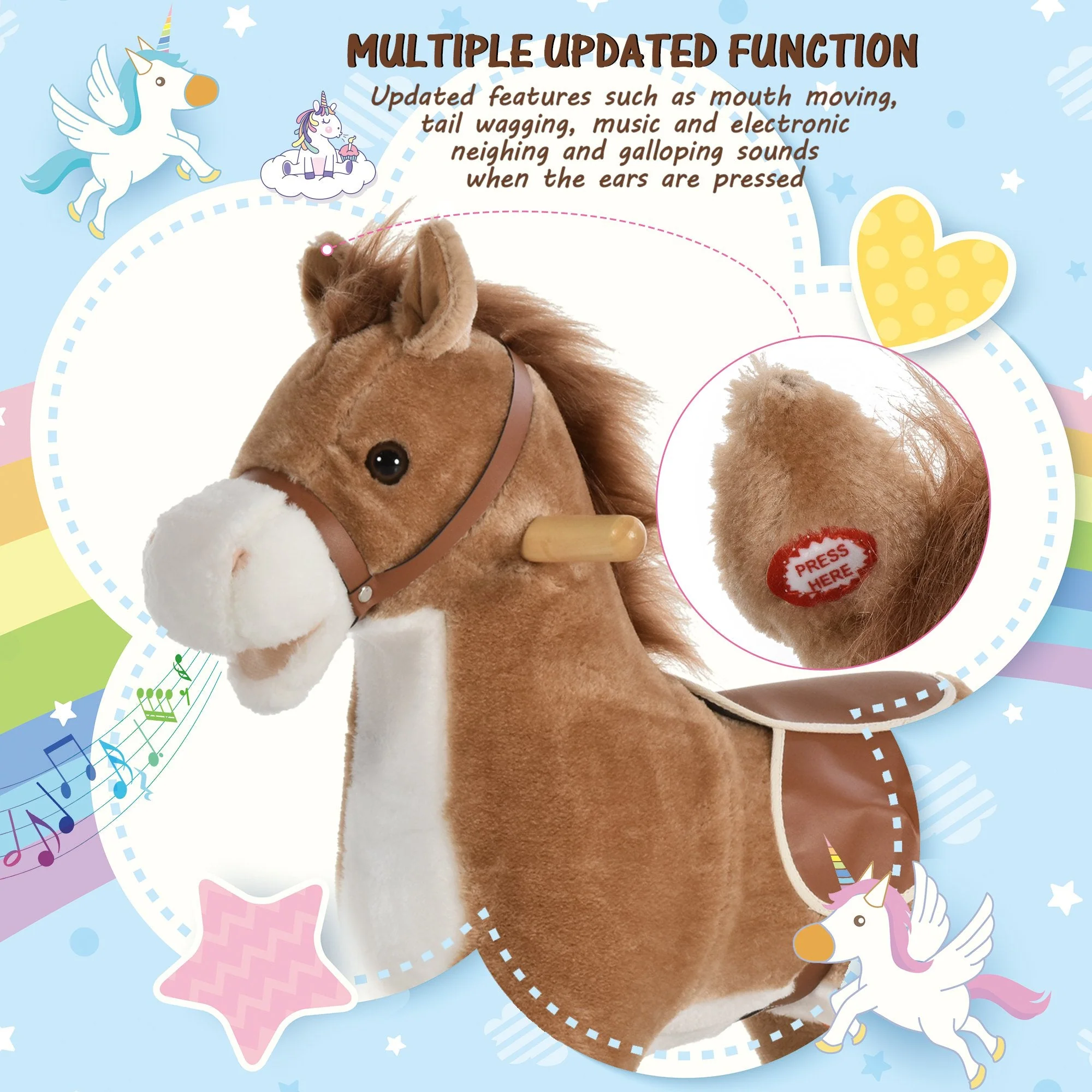 Homcom Kids Ride On Plush Rocking Horse With Sound Brown - Image 5