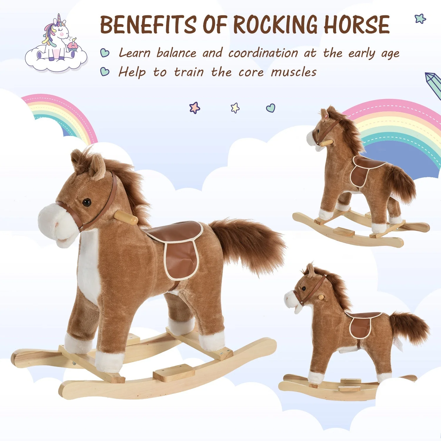Homcom Kids Ride On Plush Rocking Horse With Sound Brown - Image 6