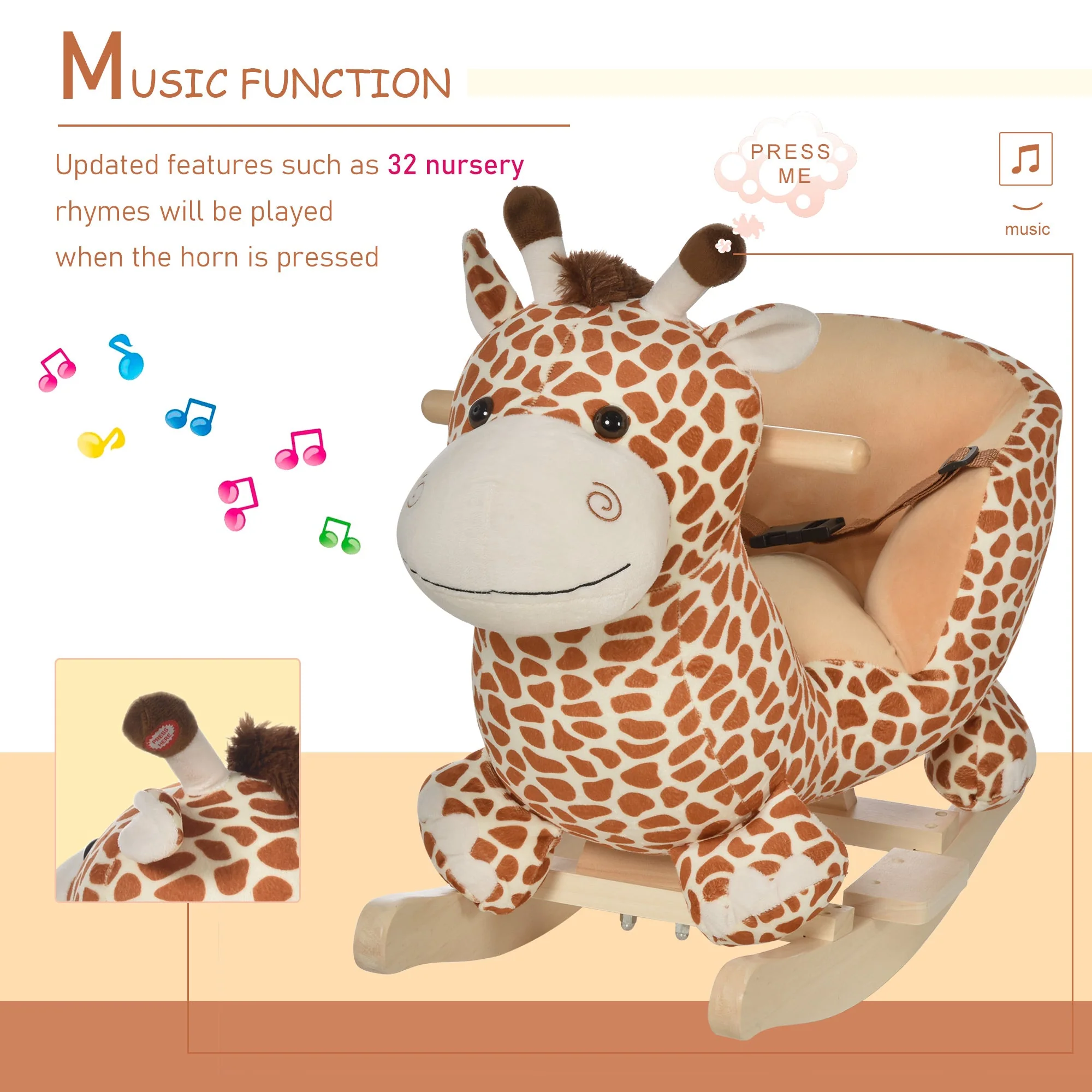 Homcom Kids Rocking Horse Toys Giraffe Seat With Sound Toddlers Baby Toy - Image 5