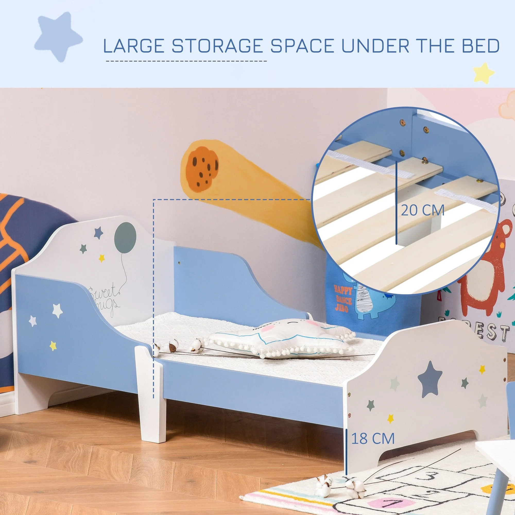 Homcom Kids Star & Balloon Single Bed Frame w/ Safe Guardrails Slats Bedroom Furniture Dreams - Image 4