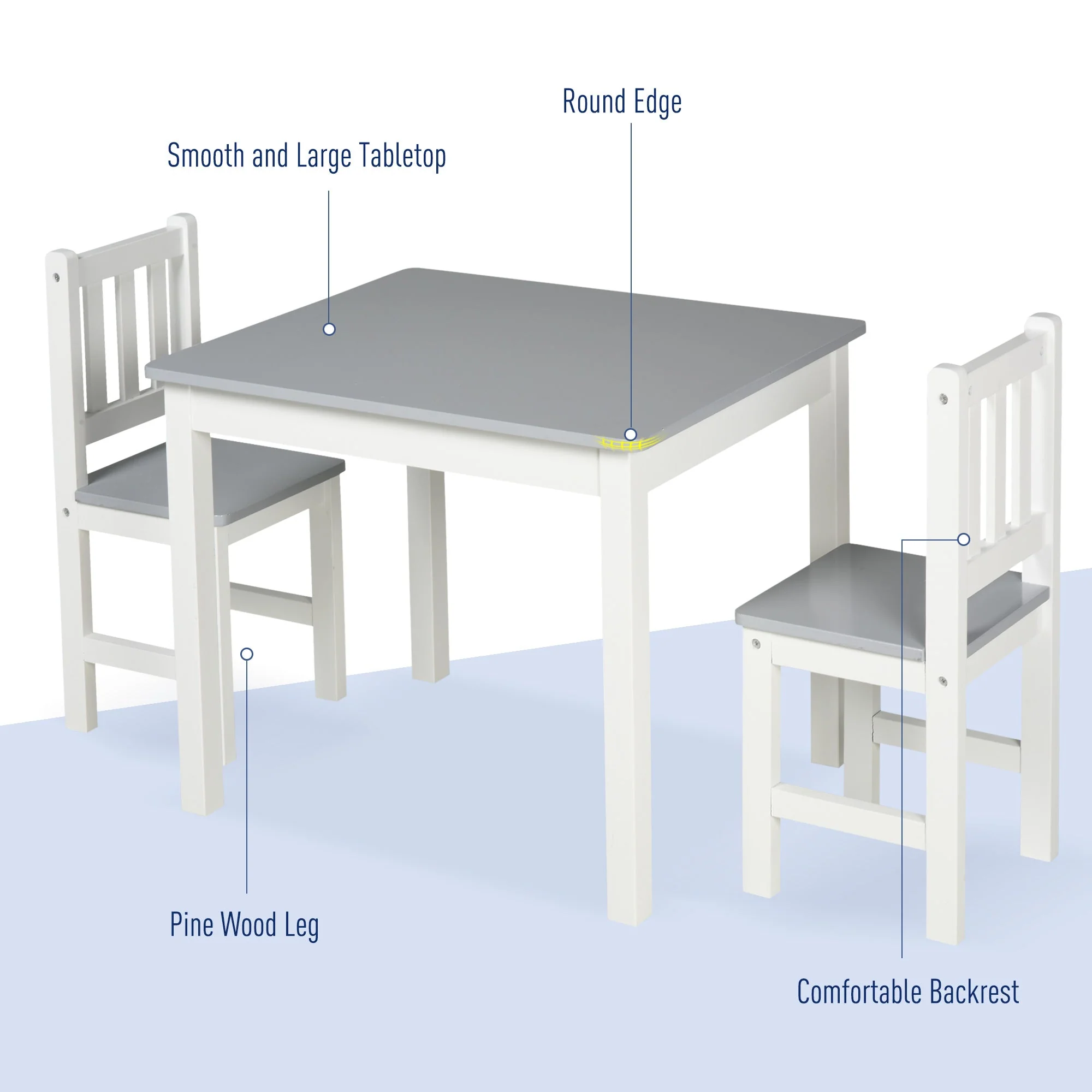 Homcom Kids Three-Piece Table and Chairs Set  Grey & White - Image 3