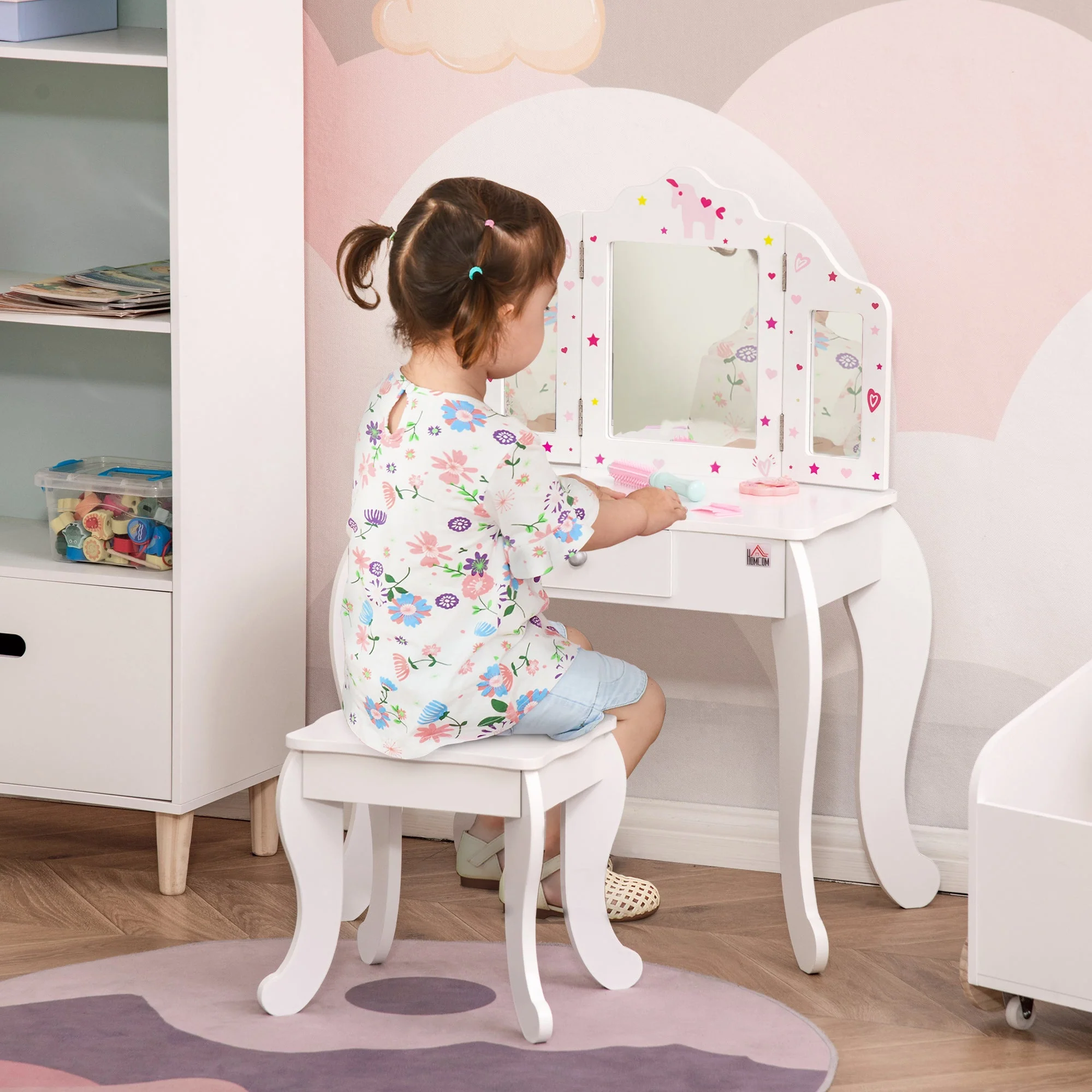 Homcom Kids Vanity Table & Stool Girls Dressing Set Make Up Desk Chair Dresser Play Set With Rotatable Mirrors Drawer Star & Heart Pattern White - Image 2