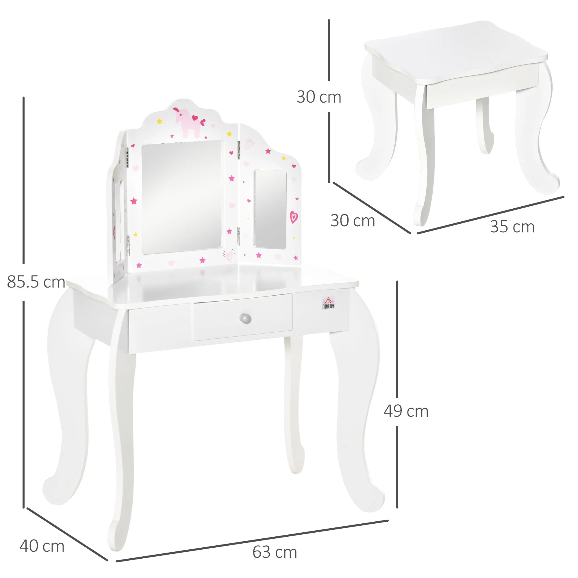 Homcom Kids Vanity Table & Stool Girls Dressing Set Make Up Desk Chair Dresser Play Set With Rotatable Mirrors Drawer Star & Heart Pattern White - Image 3