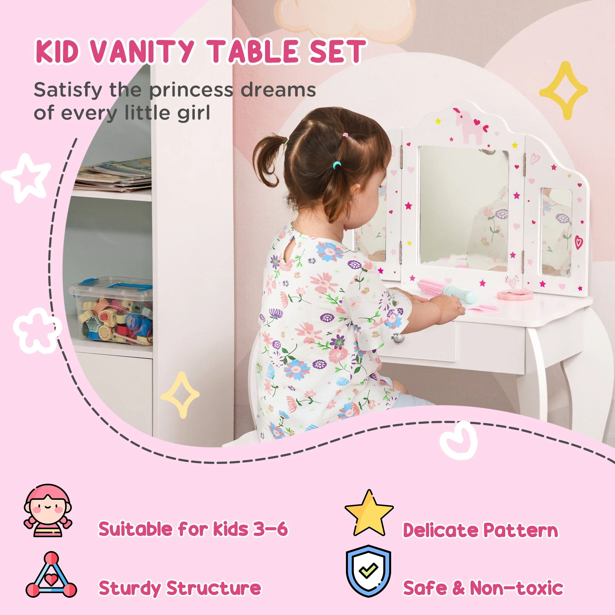 Homcom Kids Vanity Table & Stool Girls Dressing Set Make Up Desk Chair Dresser Play Set With Rotatable Mirrors Drawer Star & Heart Pattern White - Image 4