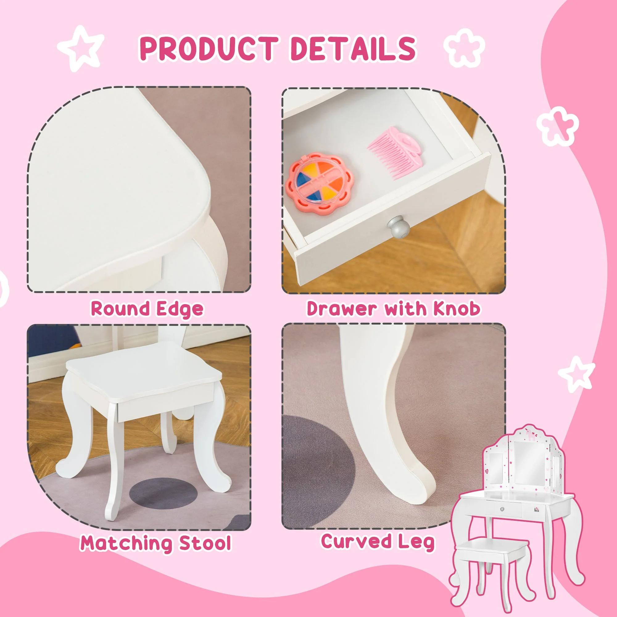 Homcom Kids Vanity Table & Stool Girls Dressing Set Make Up Desk Chair Dresser Play Set With Rotatable Mirrors Drawer Star & Heart Pattern White - Image 5
