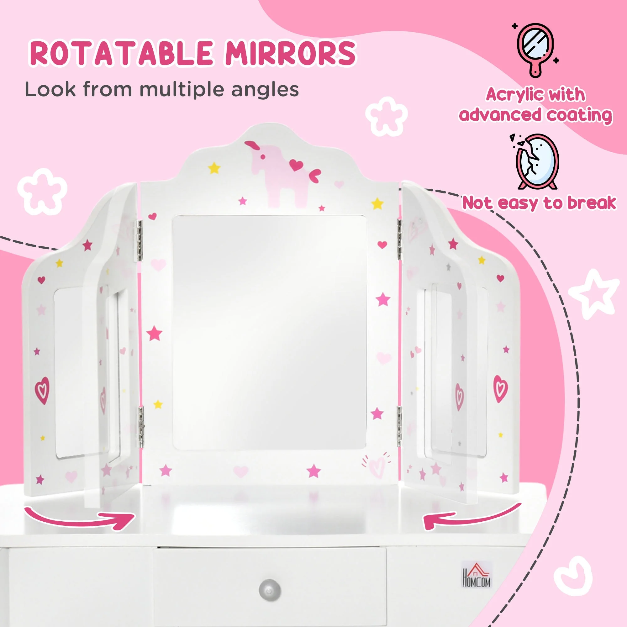 Homcom Kids Vanity Table & Stool Girls Dressing Set Make Up Desk Chair Dresser Play Set With Rotatable Mirrors Drawer Star & Heart Pattern White - Image 6