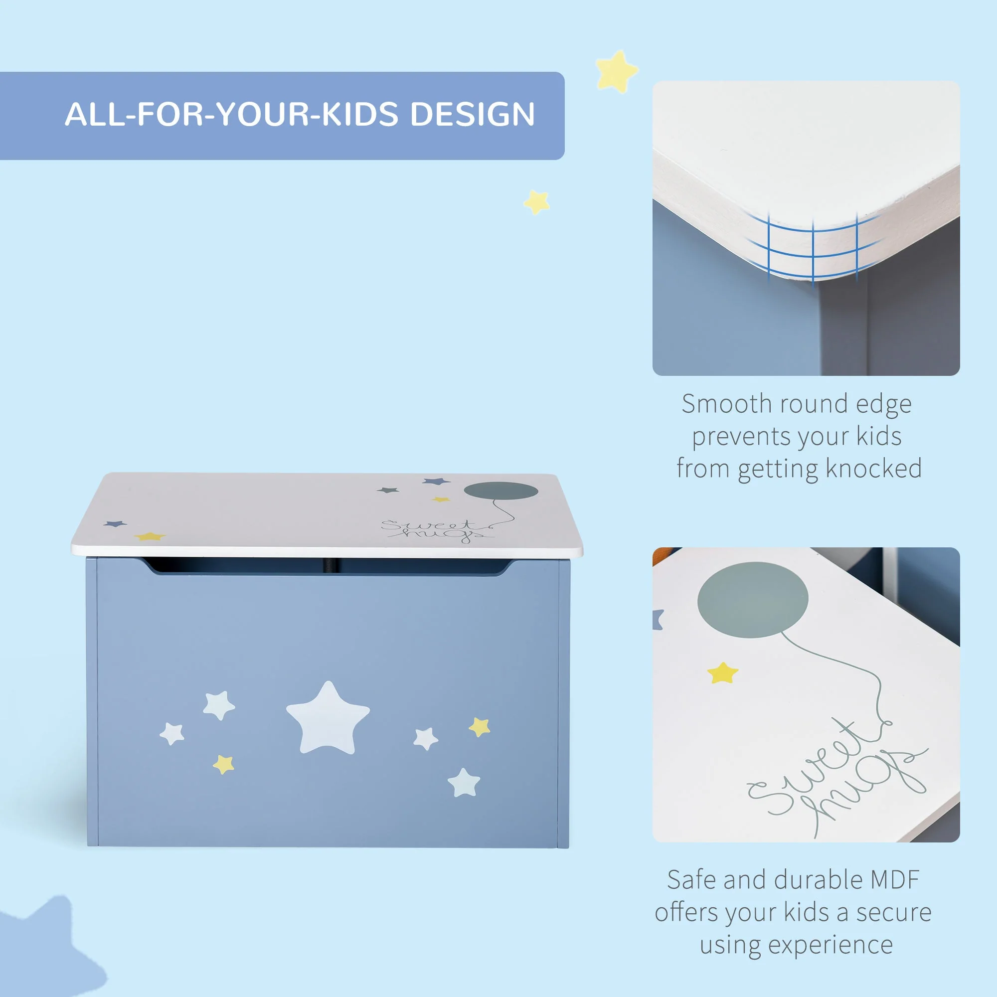 Homcom Kids Wooden Toy Box Children Storage Chest Organiser Side Handle Safety Hinge Play Room Furniture Blue - Image 4