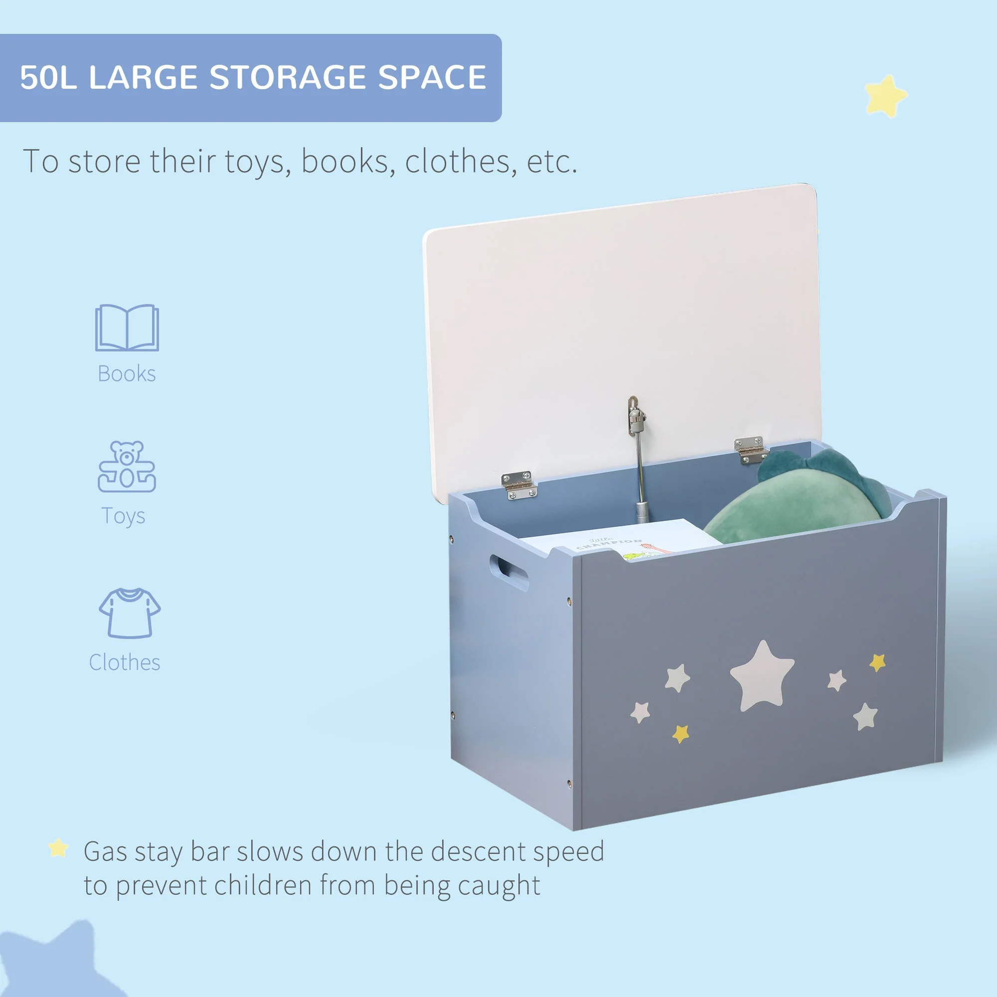 Homcom Kids Wooden Toy Box Children Storage Chest Organiser Side Handle Safety Hinge Play Room Furniture Blue - Image 5