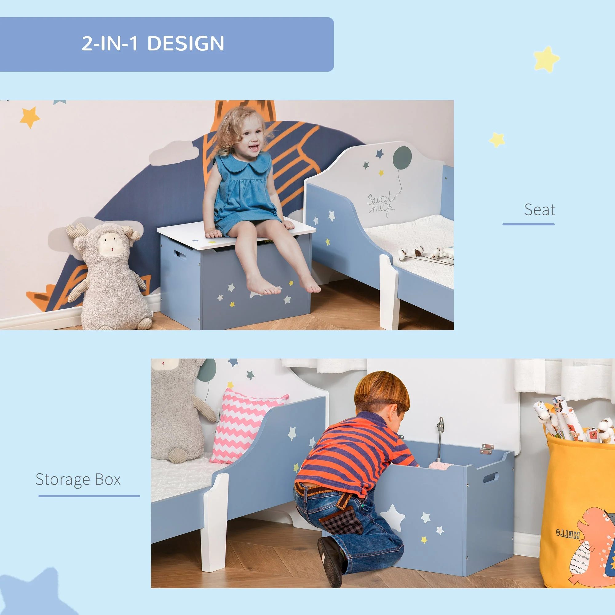Homcom Kids Wooden Toy Box Children Storage Chest Organiser Side Handle Safety Hinge Play Room Furniture Blue - Image 6