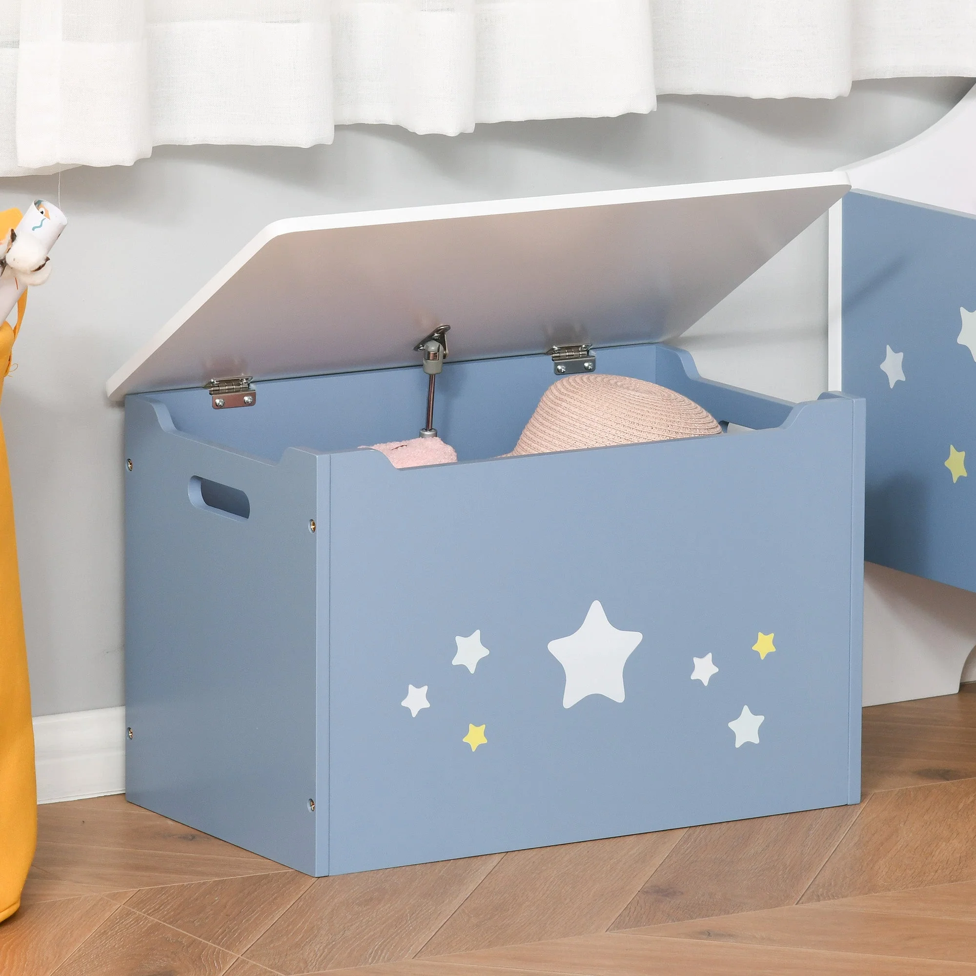 Homcom Kids Wooden Toy Box Children Storage Chest Organiser Side Handle Safety Hinge Play Room Furniture Blue - Image 9