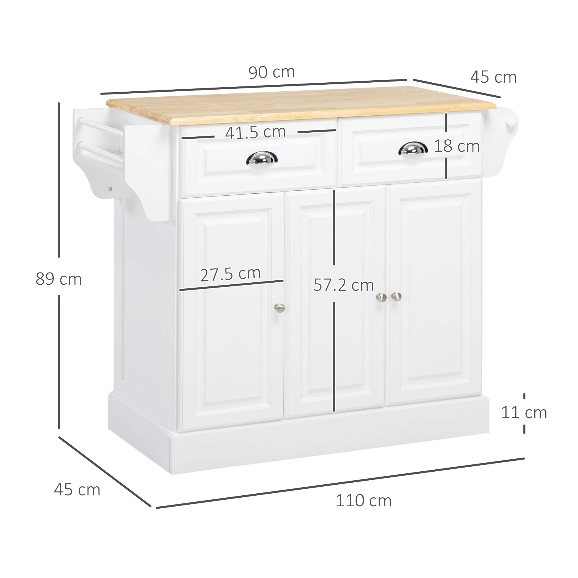 Homcom Kitchen Island with Storage Rolling Kitchen Serving Cart with Rubber Wood Top Towel Rack Storage Drawer Cabinet White - Image 2