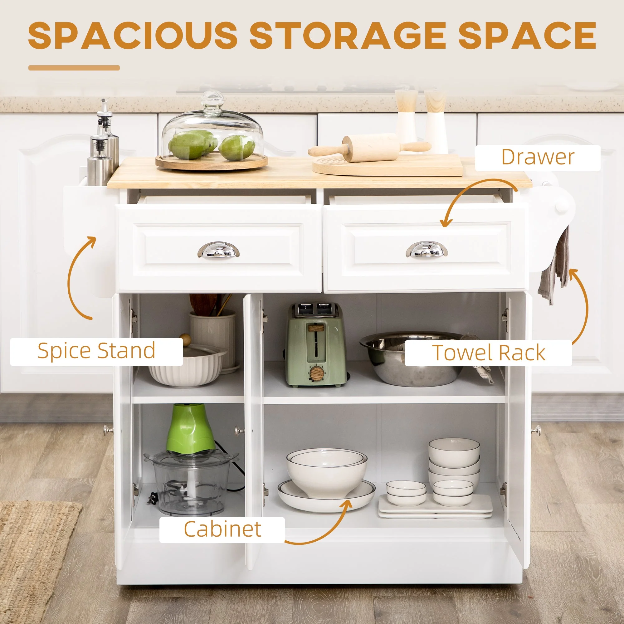 Homcom Kitchen Island with Storage Rolling Kitchen Serving Cart with Rubber Wood Top Towel Rack Storage Drawer Cabinet White - Image 3