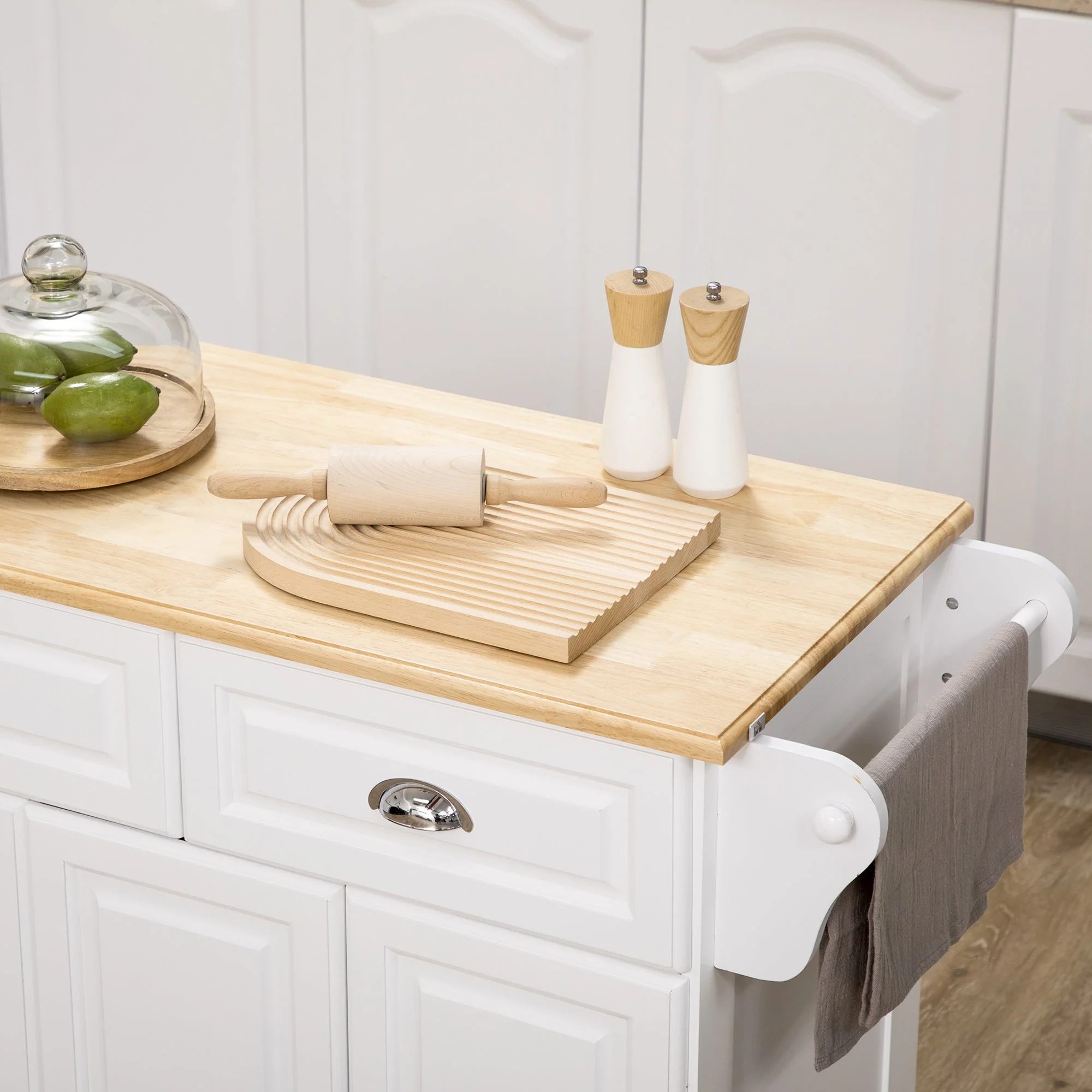Homcom Kitchen Island with Storage Rolling Kitchen Serving Cart with Rubber Wood Top Towel Rack Storage Drawer Cabinet White - Image 6