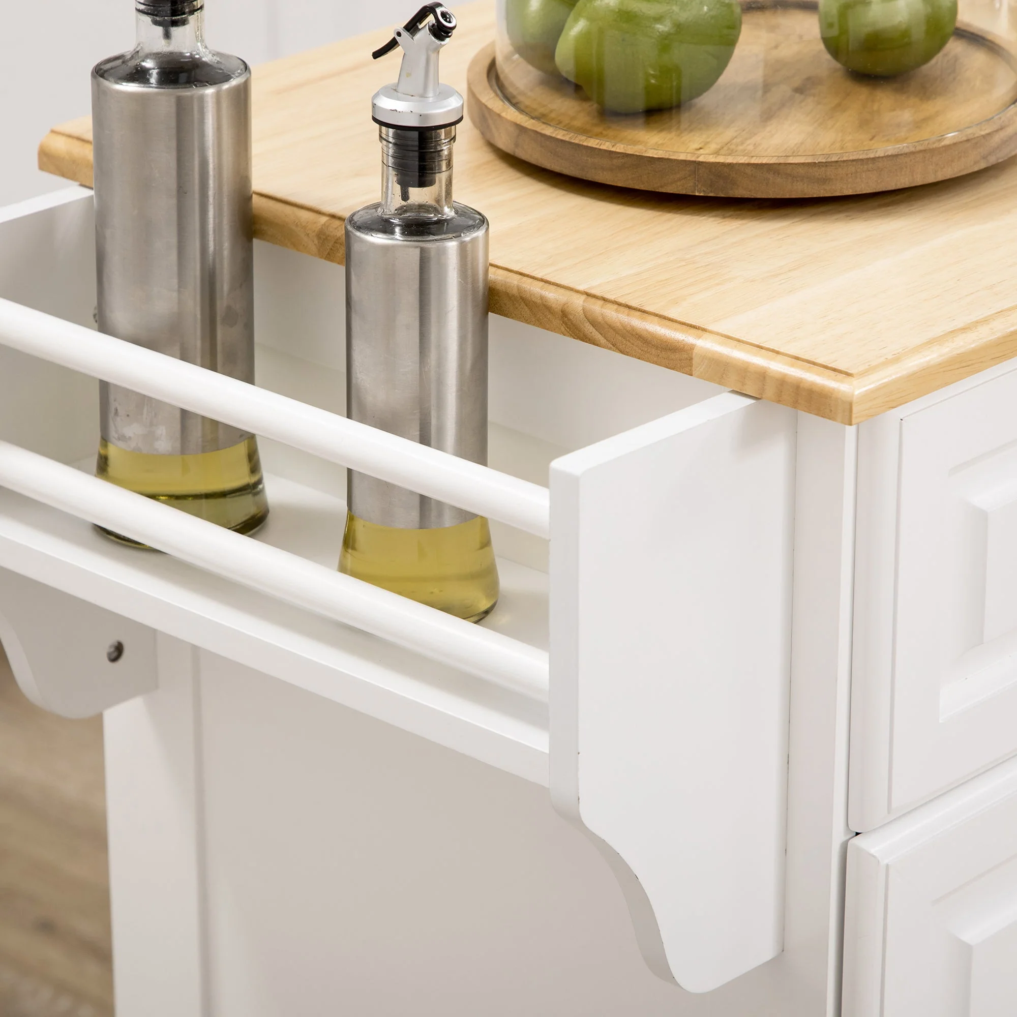 Homcom Kitchen Island with Storage Rolling Kitchen Serving Cart with Rubber Wood Top Towel Rack Storage Drawer Cabinet White - Image 7