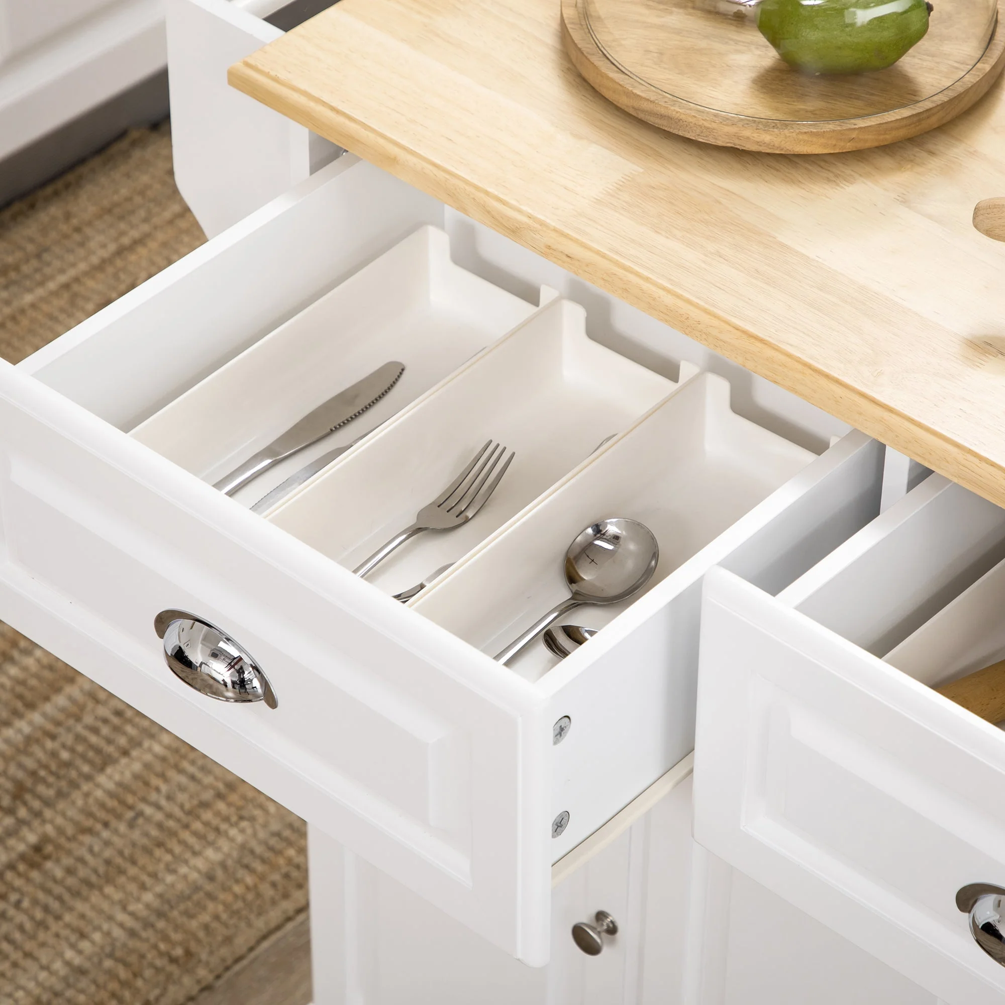 Homcom Kitchen Island with Storage Rolling Kitchen Serving Cart with Rubber Wood Top Towel Rack Storage Drawer Cabinet White - Image 8