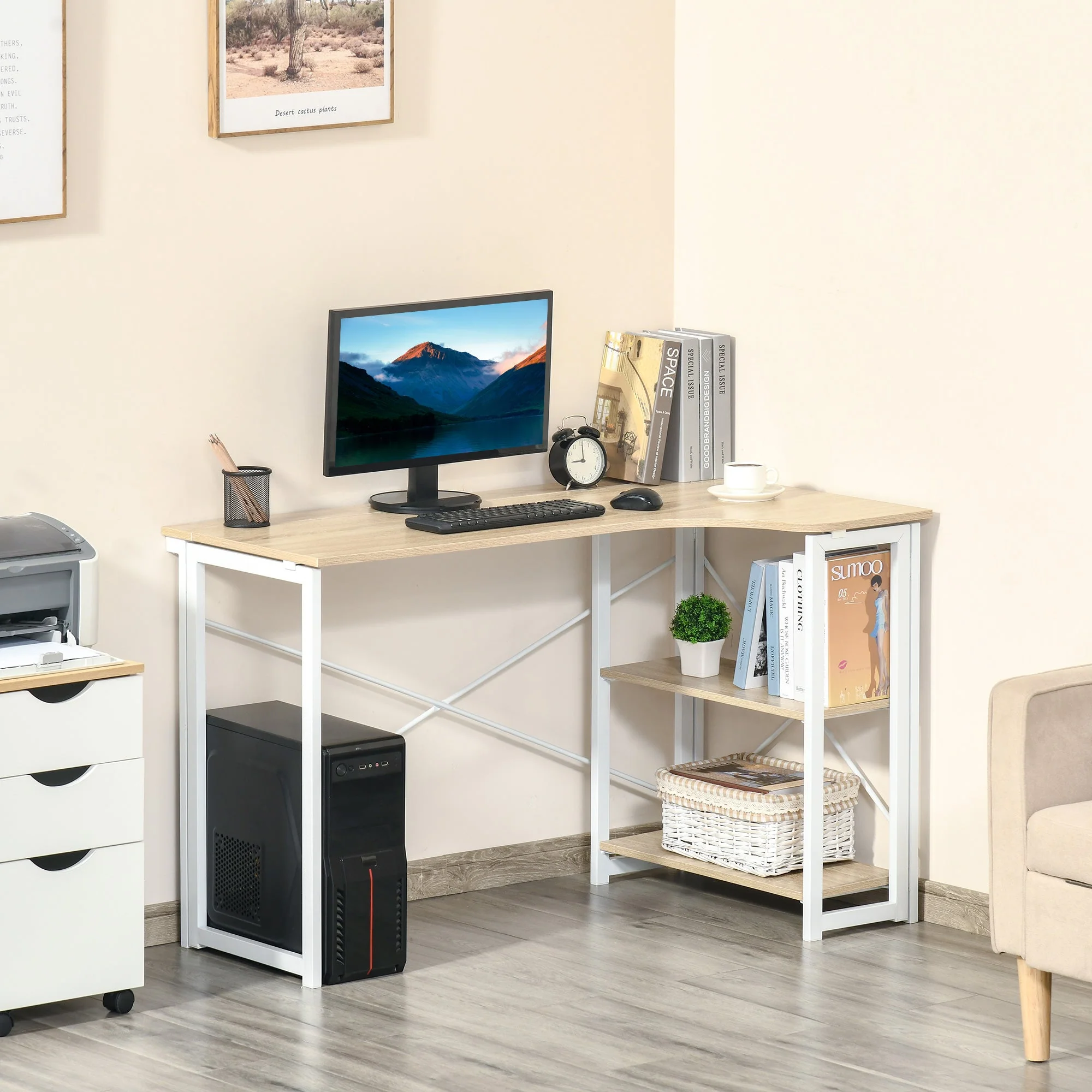 Homcom L-Shaped Desk Corner Computer Desk Folding Home Office Desk Study Table With 2 Shelves Oak Tone - Image 2